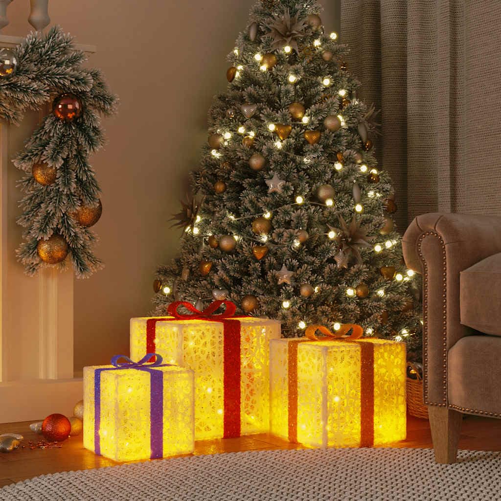 Set di 3 scatole regalo illuminate, 64 LED, luce bianca calda, decorazione natalizia con 8 effetti di luce, per interni, atmosfera festiva, risparmio energetico, alimentazione USB, diverse