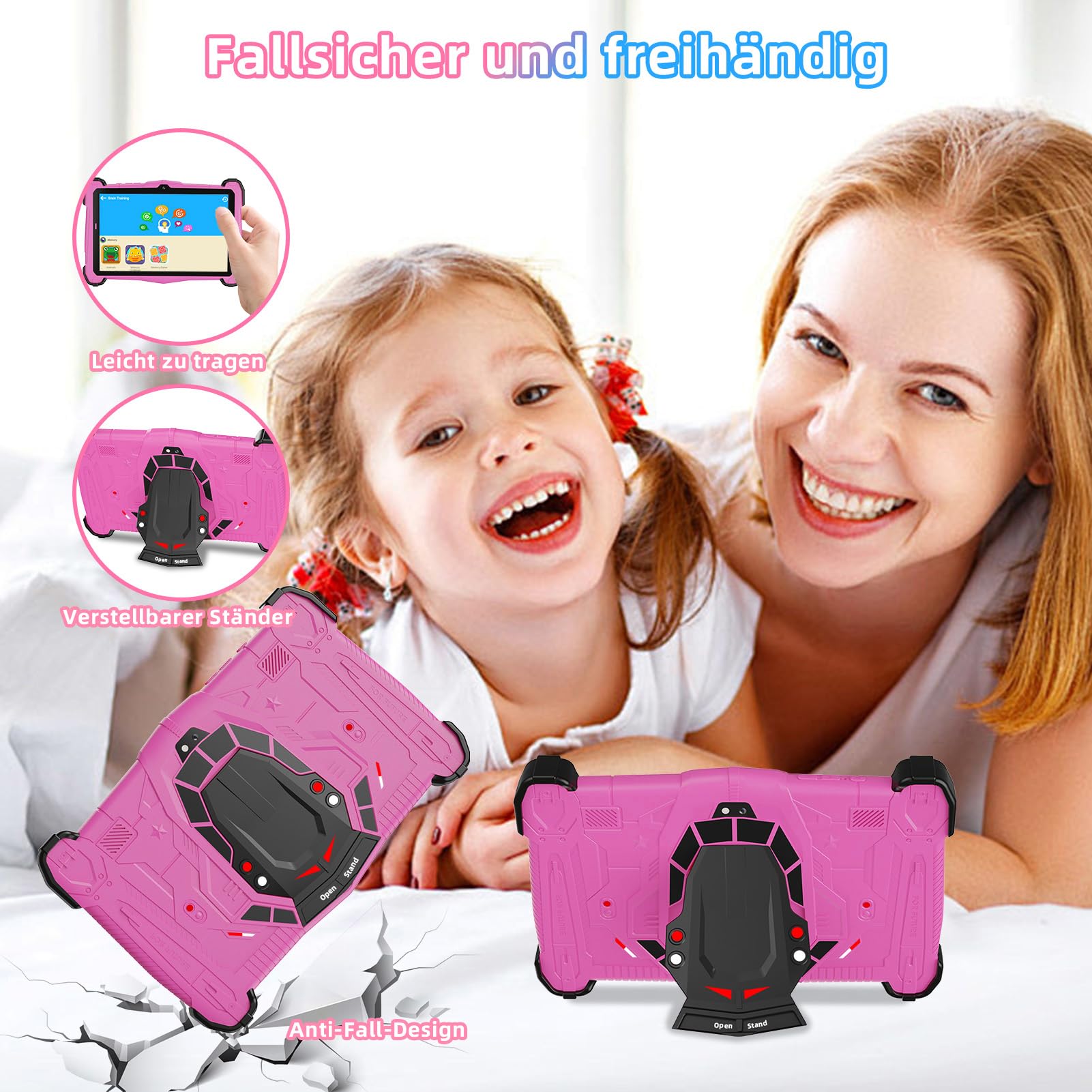 Kinder Tablet 7 Zoll Android 15, Tablet Kinder mit Elternkontrolle, Kids Tablet mit 10GB RAM+64GB ROM (TF 1TB), Octa-Core 2.0GHz, Dualband WLAN 2.4G/5G, Bluetooth 5.0（Rosa）