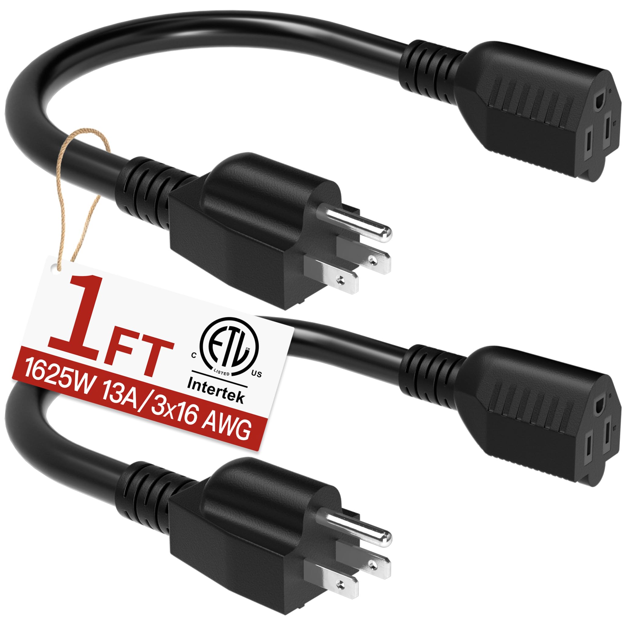 Skrizcable 16/3 Short Extension Cord 1FT 2Pack, Black Extension Cord Indoor