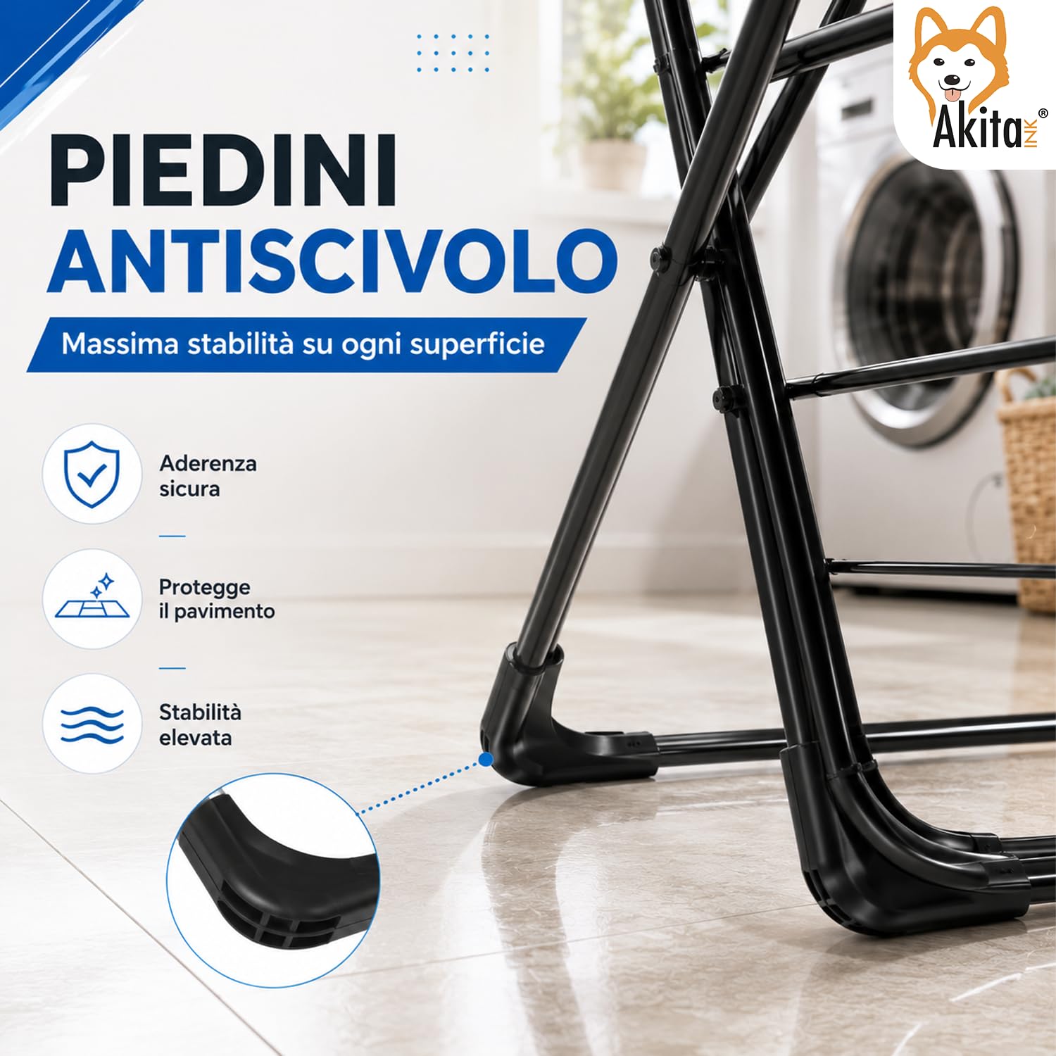 AKITAInk Stendibiancheria WINGSLUX Nero da Pavimento, 18 m di Stenditura, Pieghevole in Acciaio con Supporto Calzini e Piedini Antiscivolo