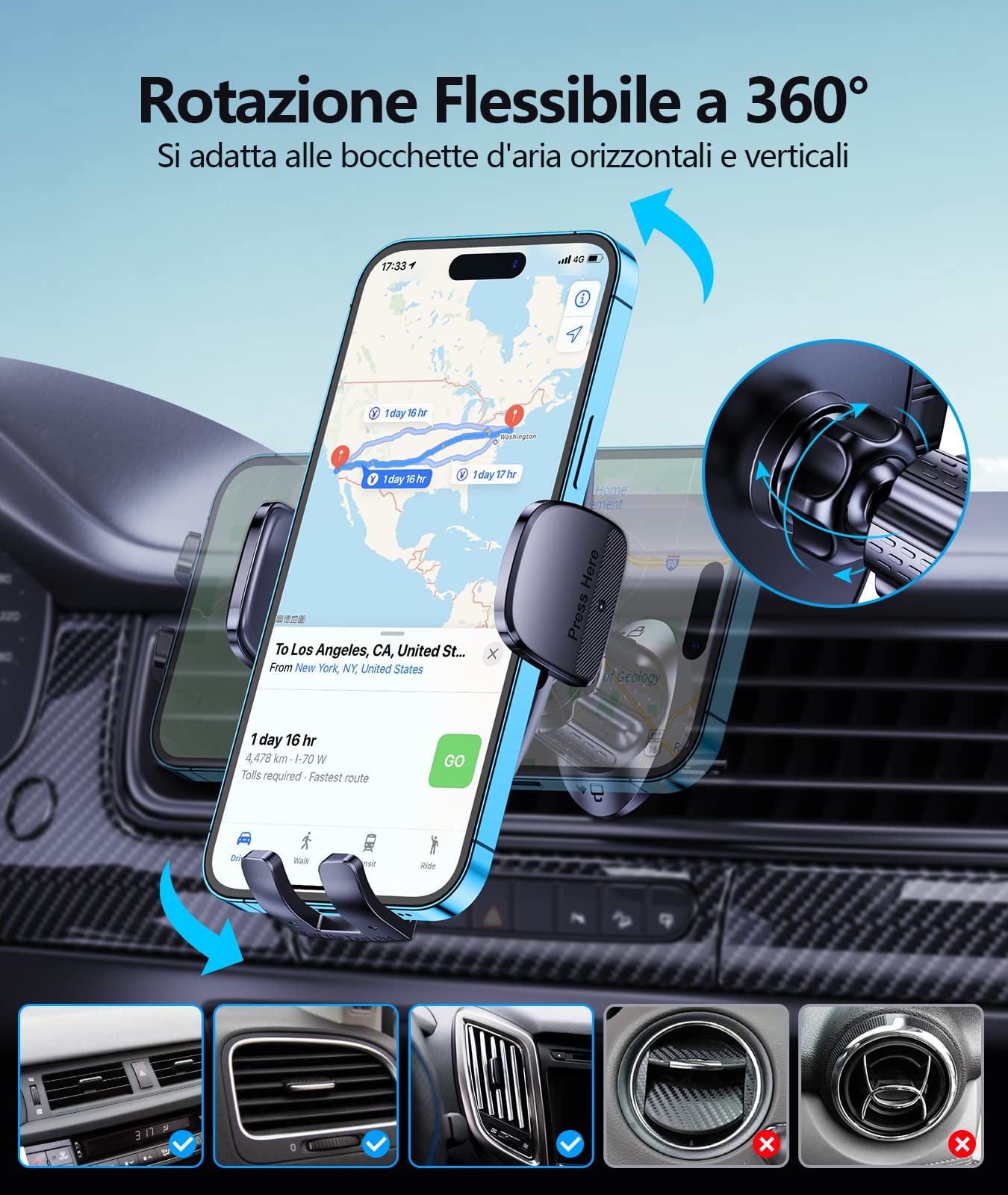 Glangeh Porta Cellulare Auto, [2025 Upgrated Clip] Supporto Telefono Auto per Presa D'aria Dell'Auto, 360°di Rotazione Supporti Interni per Auto Universale Compatibile con iPhone/Galaxy
