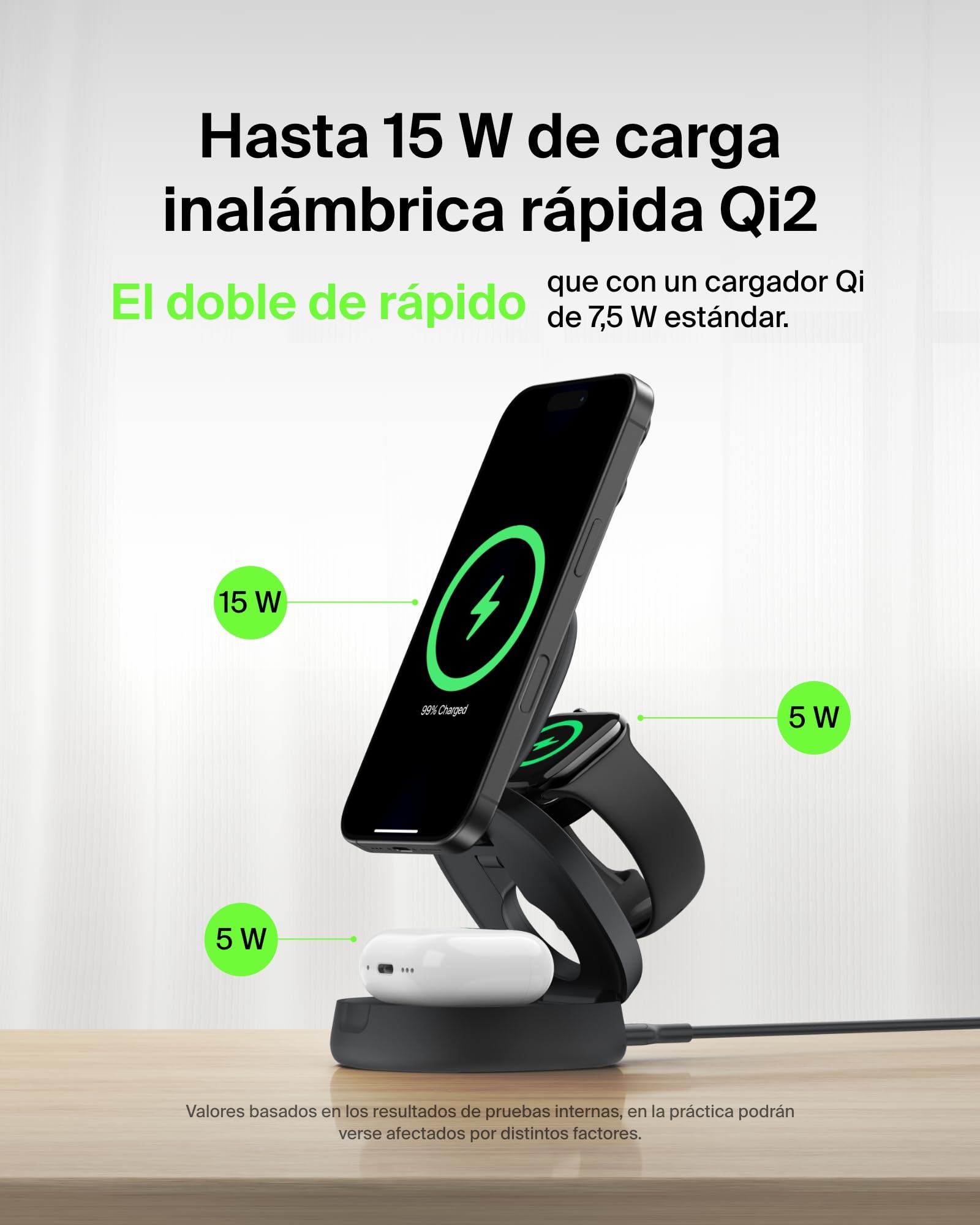 Belkin BoostCharge Cargador Inalámbrico Compatible con MagSafe, Estación de Carga Inalámbrica 3 en 1 de 15W, Certificación Qi2, iPhone 17, Air, Pixelsnap, Apple Watch y AirPods, Adaptador 36W - Negro