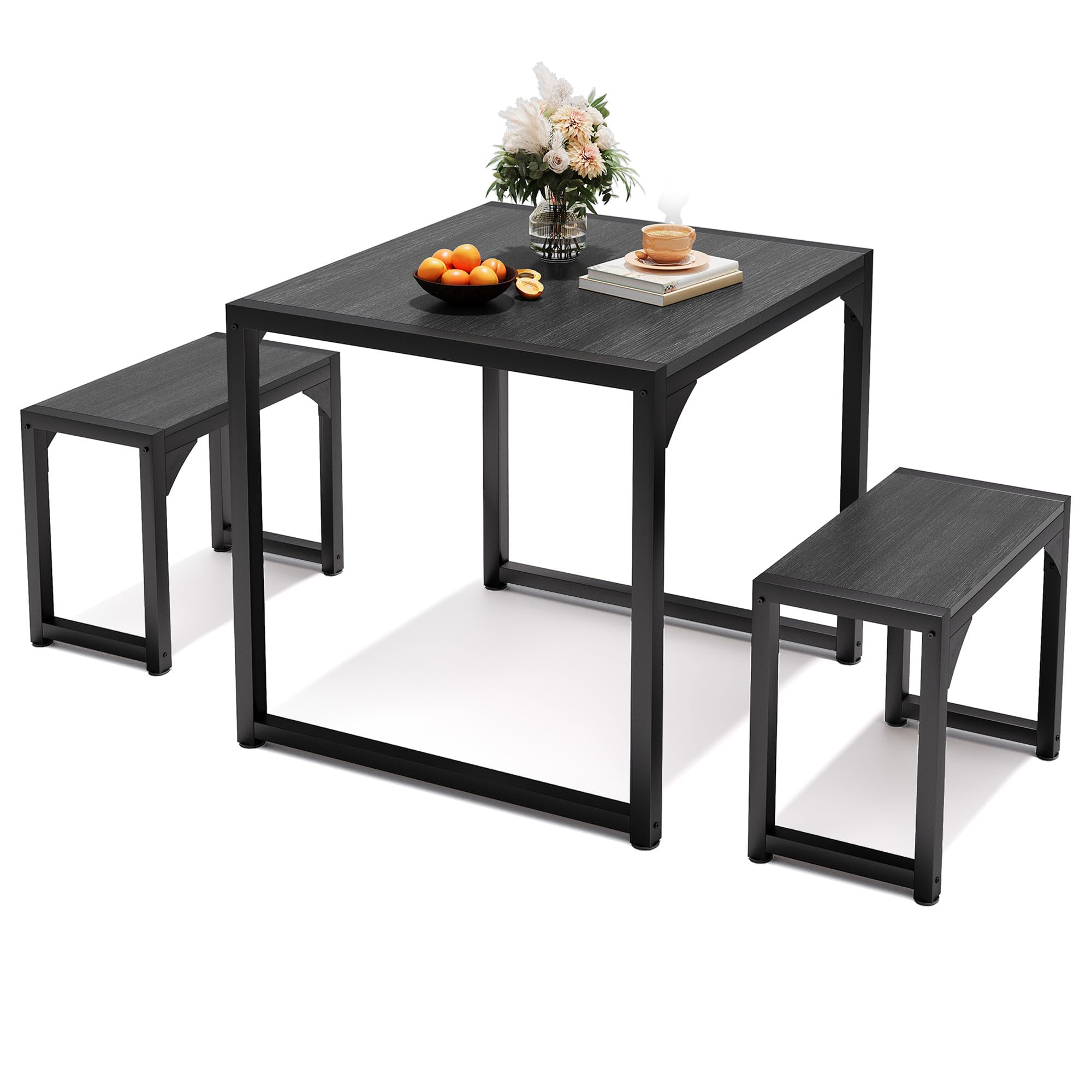 Conjunto de Mesa y 2 Bancos de Comedor de 3 Piezas, Juego de Mesa de Cocina Ahorro de Espacio, Estructura de Metal Industrial Robusta, para Apartamentos Pequeños, Cocina (Negro)