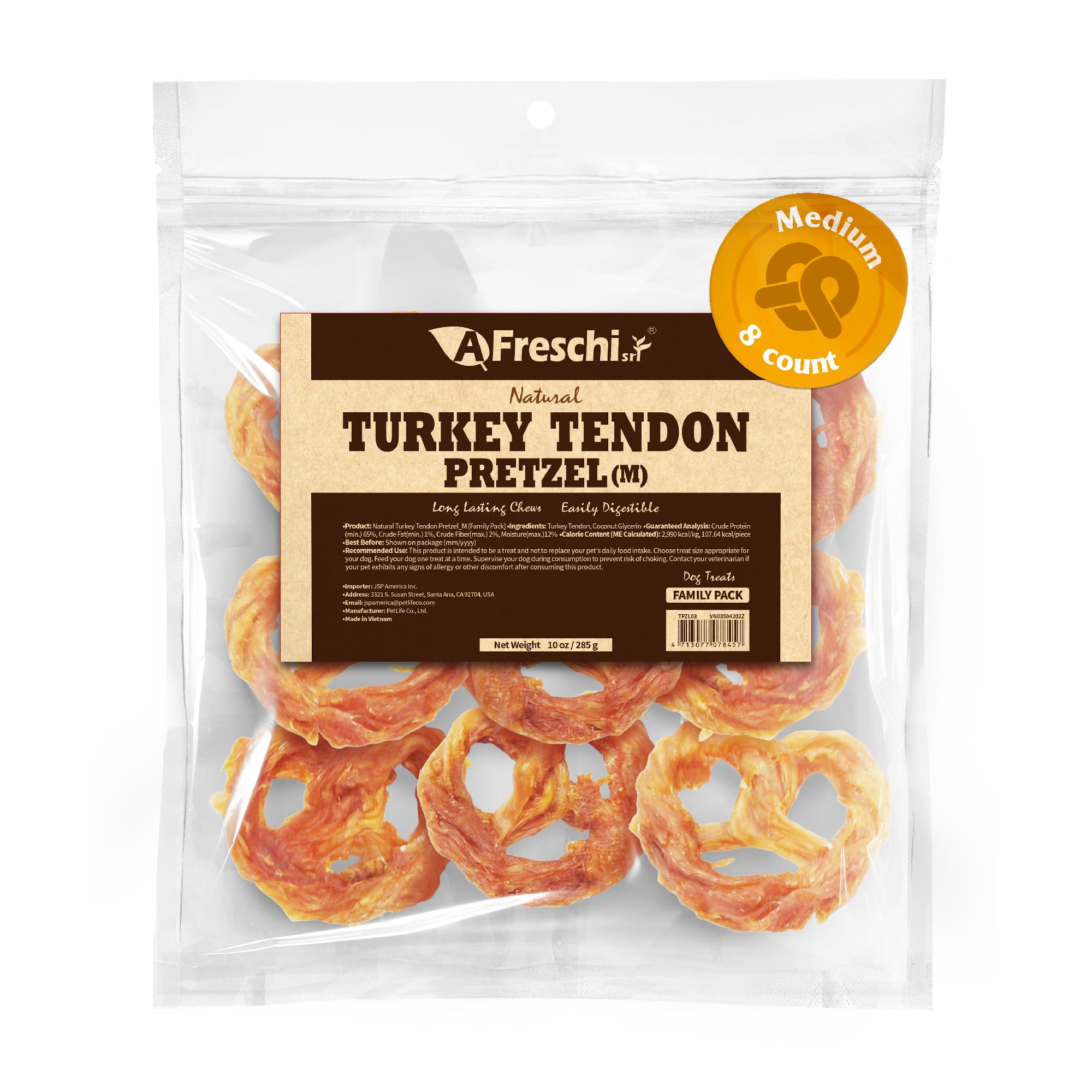 Afreschi Natural Turkey Tendon Pretzel (M) 10 oz, Turkey Sourced from USA, All Natural Puppy Chew, Hypoallergenic, Rawhide Alternative, for Medium Breeds
