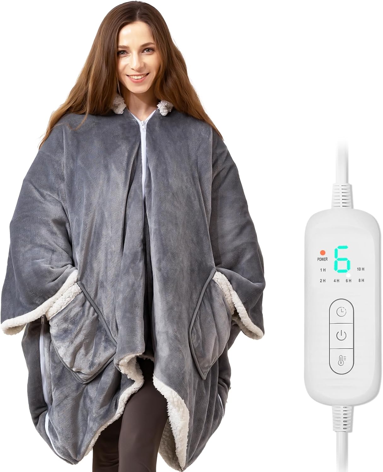 Wearable Heated Blanket Heated Shawl, Electric Throw Blanket with Zipper Design, Hood, Heated Hoodie Blanket with 8 Heat Levels, 1-10H Auto-Off Time Settings, Gift for Family, Friends, 60 * 50"