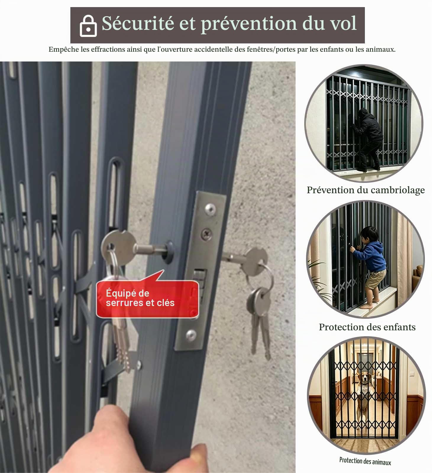 Barreaux de Sécurité Fenetre Grille de Sécurité Rétractable pour Fenêtre ou Porte, Porte Coulissante en Accordéon Verrouillable et Anti-effraction Intérieur Extérieur