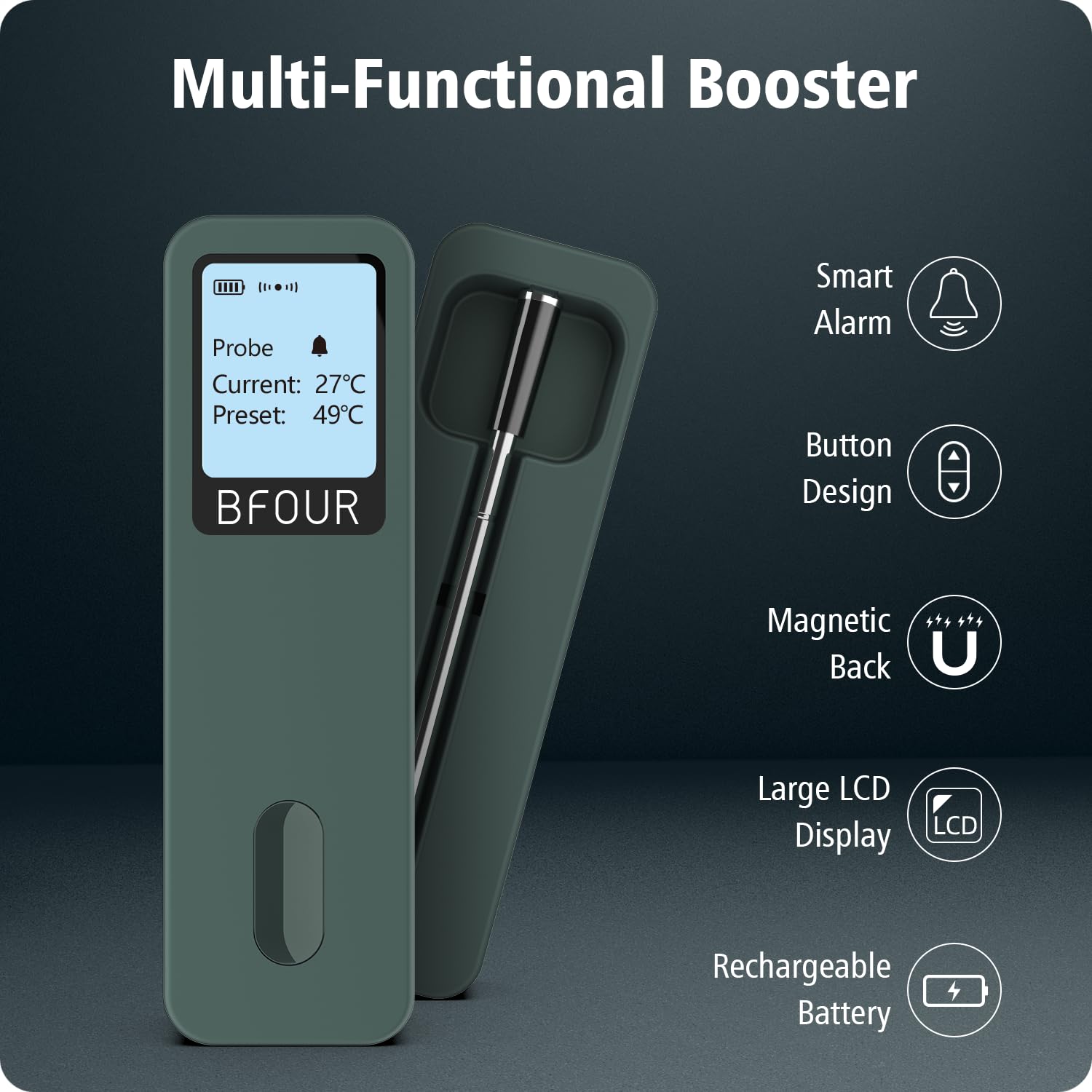 BFOUR Termómetro de carne inalámbrico para barbacoa Bluetooth con aplicación, IP67 resistente al agua, termómetro de cocina con pantalla grande