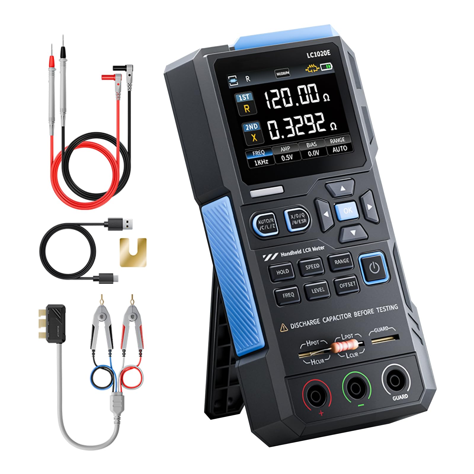 LCR Messgerät 100Hz-100kHz, LC1020E Hochpräzises digitales Brücken-LCR-ESR-Messgerät, 2,8-Zoll tragbares digitales TFT-ESR LCR Meter, misst ESR/Q/D/θ/X, Anzeige von zwei Parametern