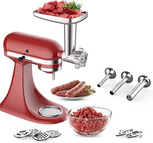 Miniatura 2 de Accesorio moledor de carne y alimentos compatible con batidoras de pie KitchenAid, con 2 rellenadores de salchicha incluidos. Accesorio útil de