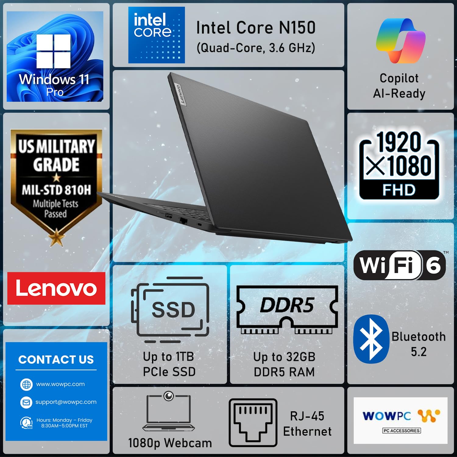 Lenovo Computer portatile aziendale V15 | Display LED FHD da 15,6 pollici | Processore Intel N-Series Quad-Core | RAM DDR5 da 32 GB | SSD da 1 TB | RJ-45 | HDMI | Dolby Audio | Wi-Fi 6 | Windows 11