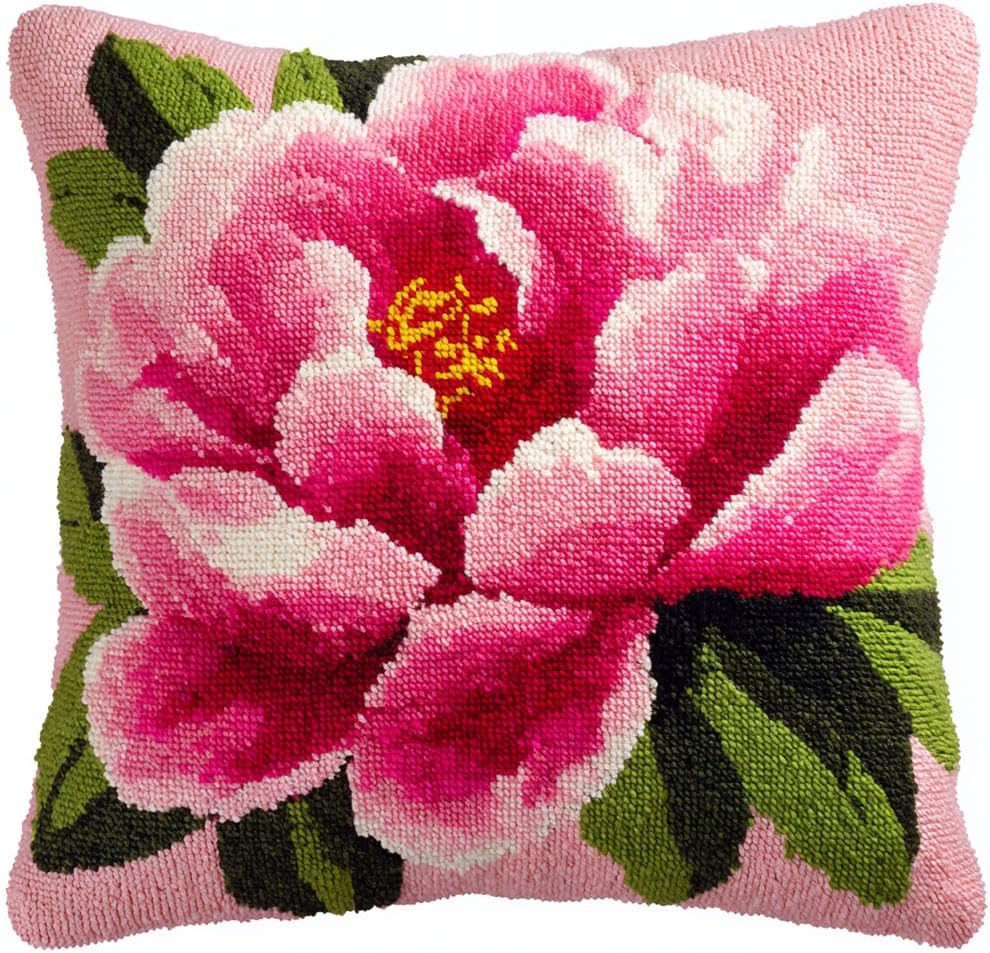 AMBATTERY Latch Hook Pillow Kit Peony Flowers Pre-Printed Latch Hook Rug Kits Cross-Stitch Embroidery Cushion Handmade Pillow Cover Cushion 17x17in