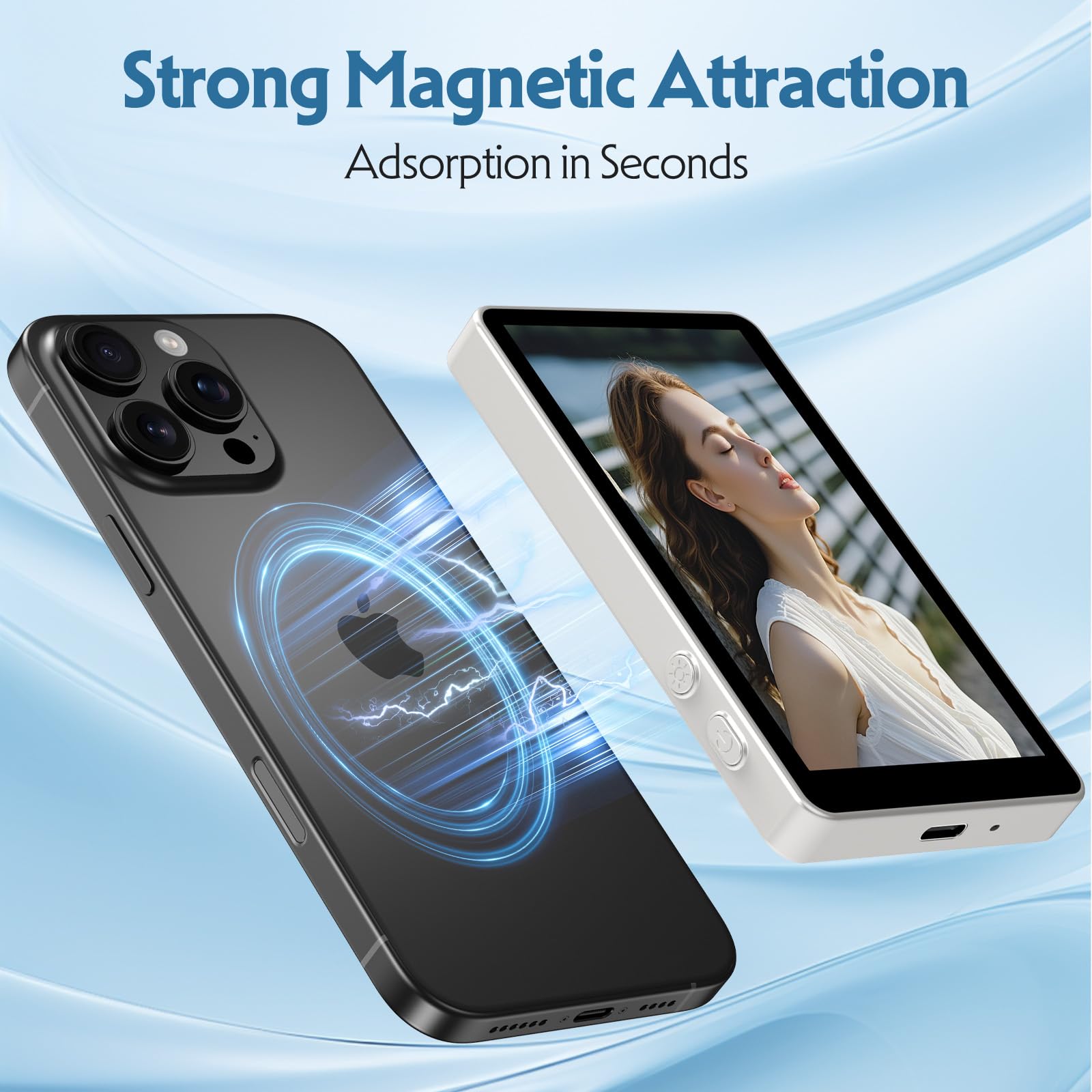 Moniteur Selfie Magnétique 1080P pour Caméra Arrière Smartphone | Écran Miroir pour iPhone et Android, Contrôle par Bouton, Batterie 3.5H, WiFi 5G, Charge Rapide Type-C Vlog