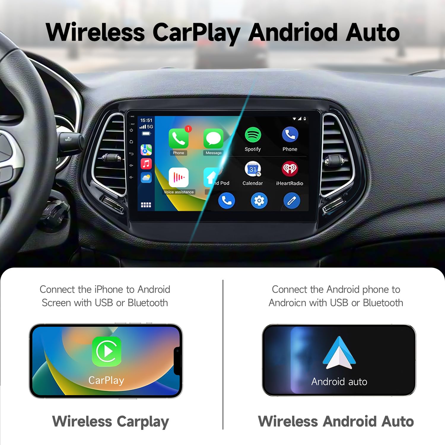 Autoradio cartablet per Jeep Compass 2015-2020, Schermo Touch HD, Apple CarPlay & Android Auto, GPS Navigatore, Bluetooth WiFi USB (4GB RAM 32GB ROM) CTB-CMP01