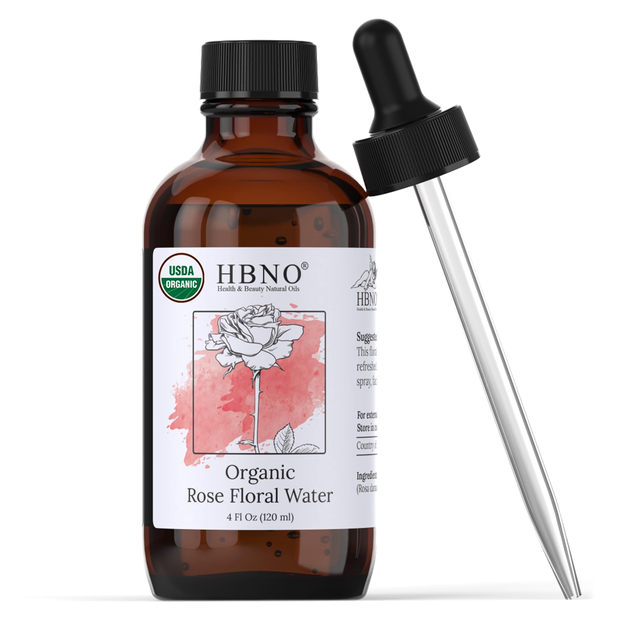 HBNO California Bottled Organic Rose Water for Face 4 fl oz (120ml) - USDA Certified Organic Rose Water Spray for Cleansing- Pure Rosewater for Hair - Rosewater Face Mist