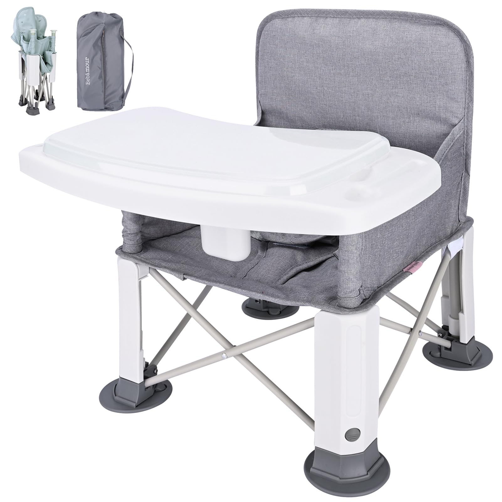 Bebamour Baby Highchair Portable for Outdoor Foldable Booster Seat Toddlers Booster Dining Seat with Removable Tray Feeding Chair with Storage Bag, Grey