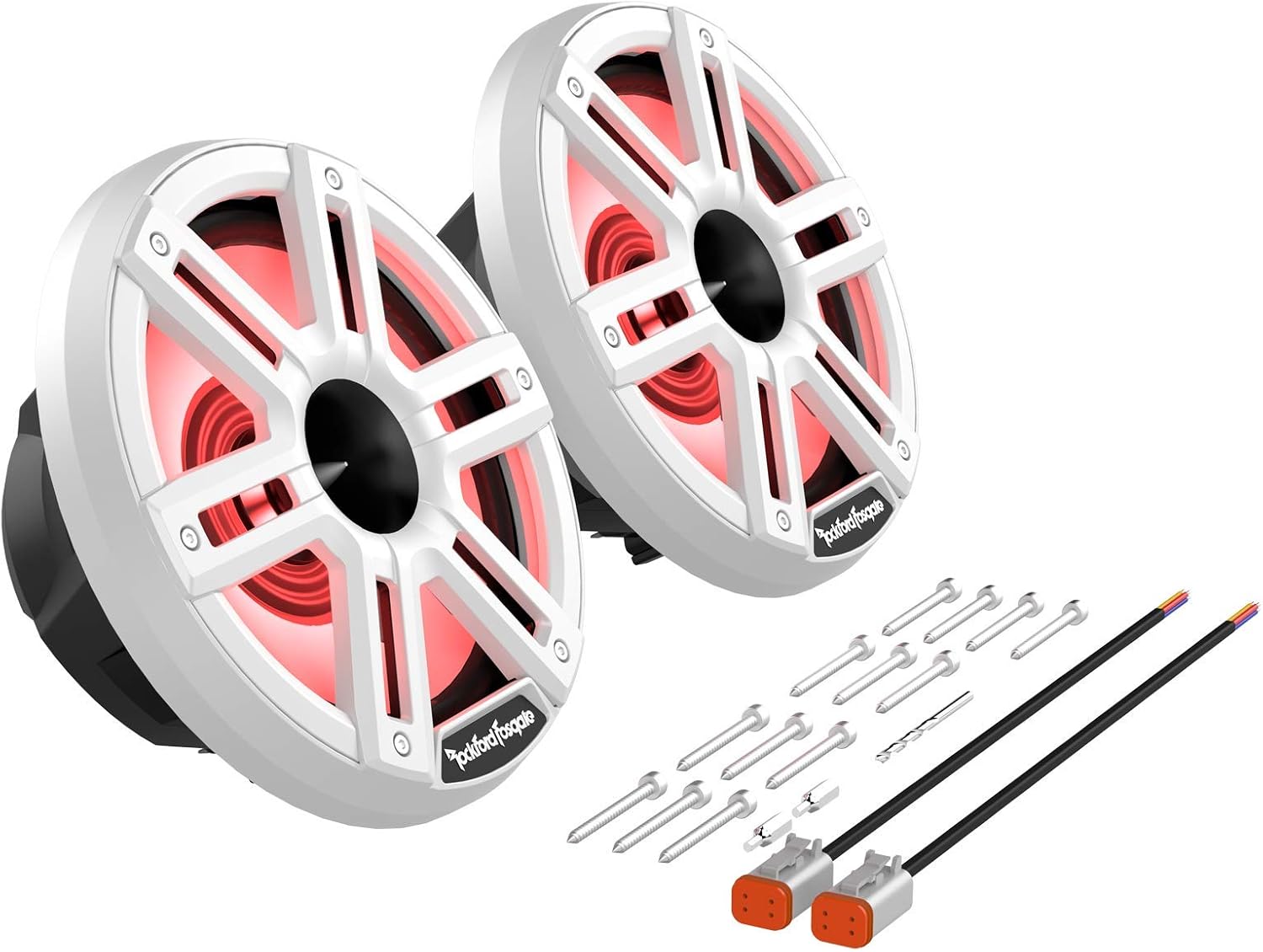 Rockford Fosgate M2-8H Color Optix 8” 2-Way Coaxial Multicolor LED Lighted Marine Speakers with Horn Tweeters - White/Stainless (Pair)