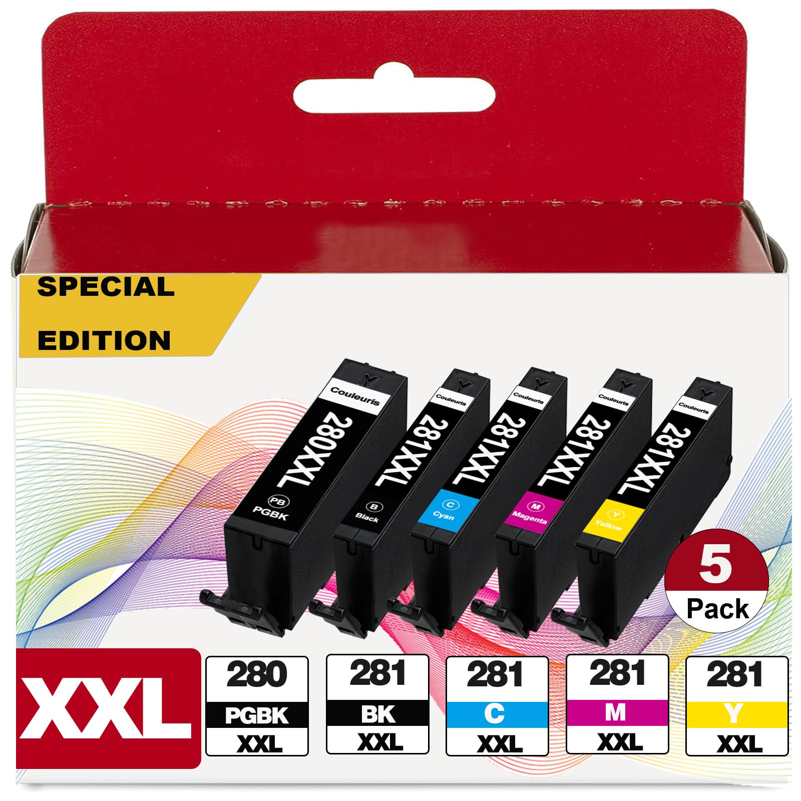 PGI-280 XXL/CLI-281 XXL 5 Ink Cartridges Replacement for Canon 280XXL 281XXL for TR8620a TR8600 TR8622a TR8520 TS9521c TR7520 TS9120 TR8622 TS9520