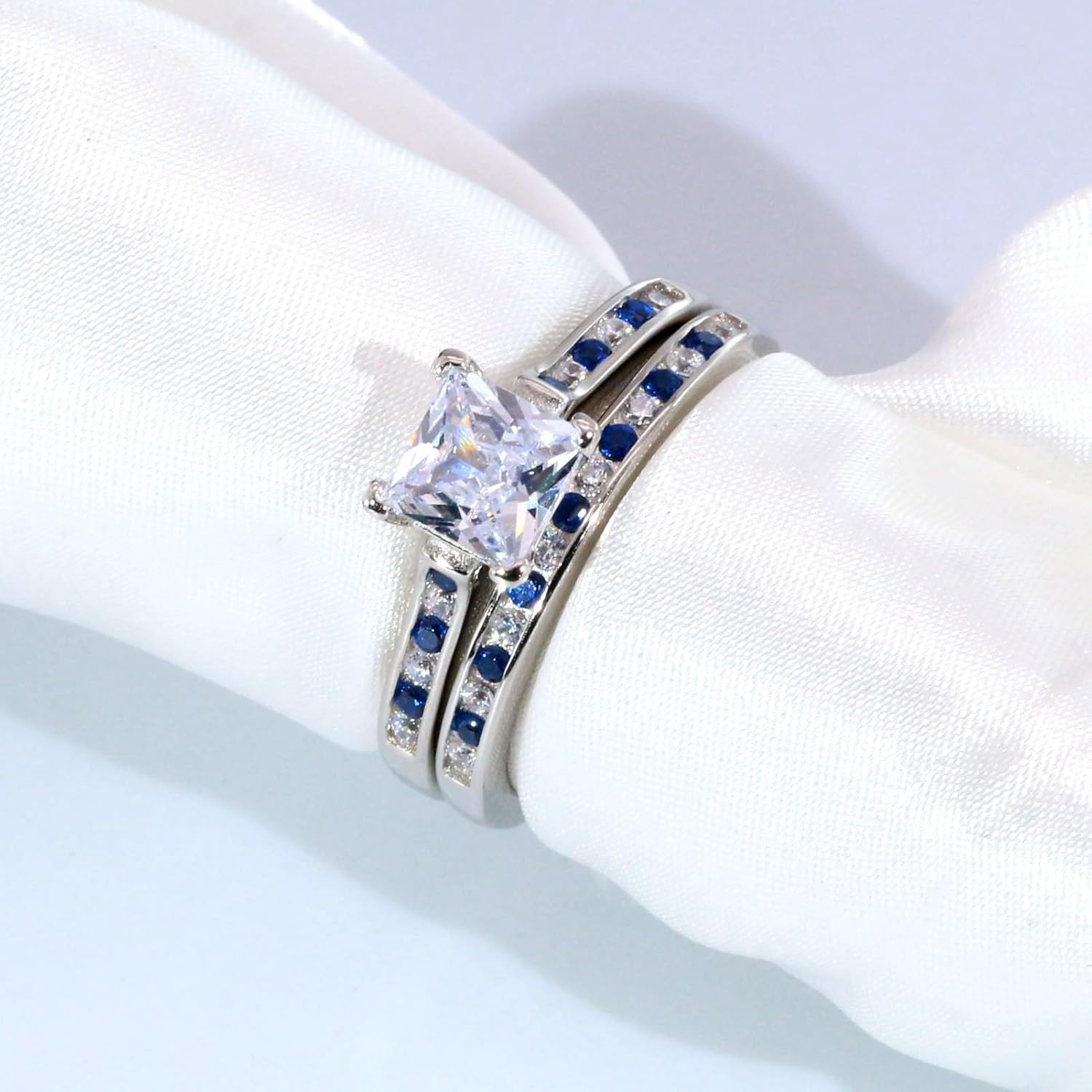 Adjustable size WHite and Blue Wedding Ring Sets for Women 1ct CZ S925 Sterling Silver Engagement Ring