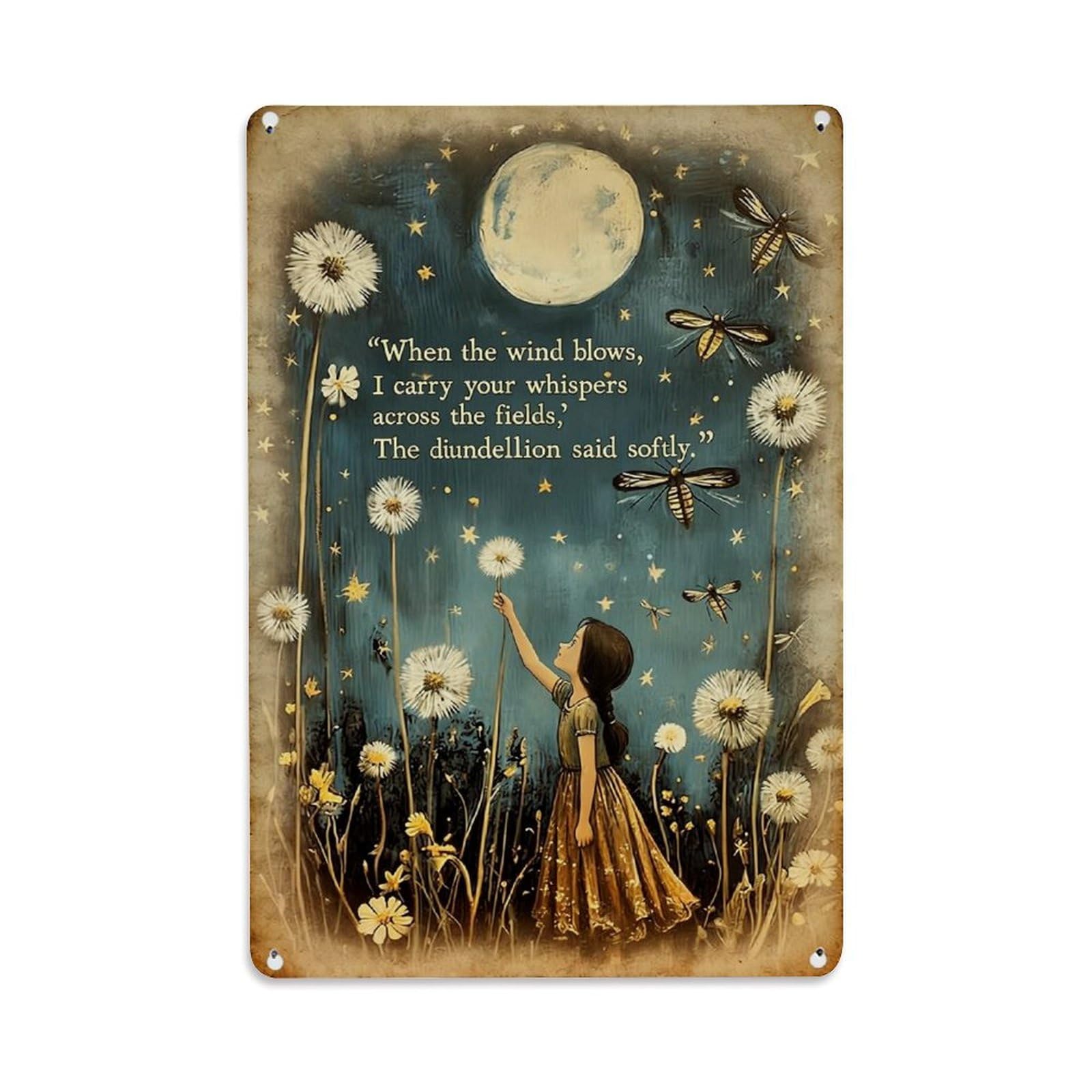 Jdfenggu Girls Vintage Moonlight Dandelion Stars Moths Retro Metal Tin Sign, Decor Art Poster For Bar, Home, Man Cave, Kitchen, Laundry Room Gift 8X12inch