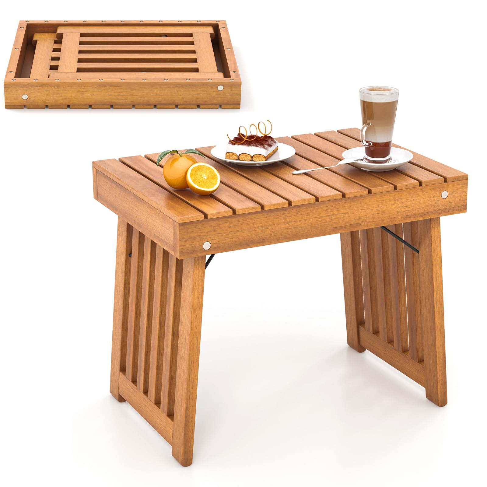 HAPPYGRILL Outdoor Folding Side Table, Foldable Patio Acacia Wood End Table with Slatted Tabletop & Leg Frame, Small Outside Table for Backyard