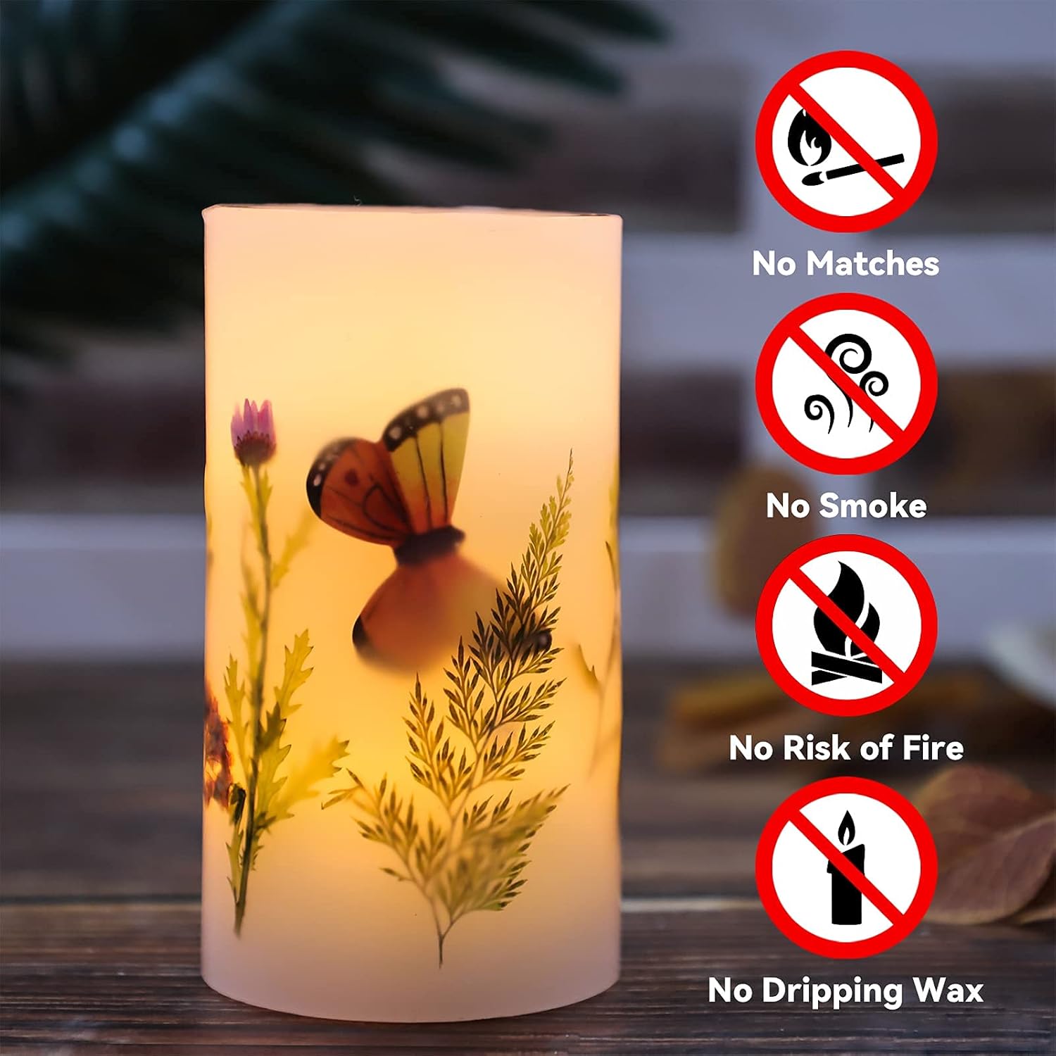 Flameless LED Candle D3.25 x H6, Butterfly Flickering Pillar Candle Real Wax Battery Operated with Timer Fuction for Kitchen Home Party, 1 Pack