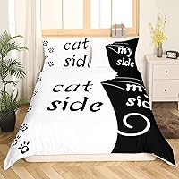 Vista 32 de Juego de ropa de cama "Lado del Gato y Mi Lado" tamaño Queen, blanco y negro, juego de funda de edredón con gato, funda de edredón moderna y simple