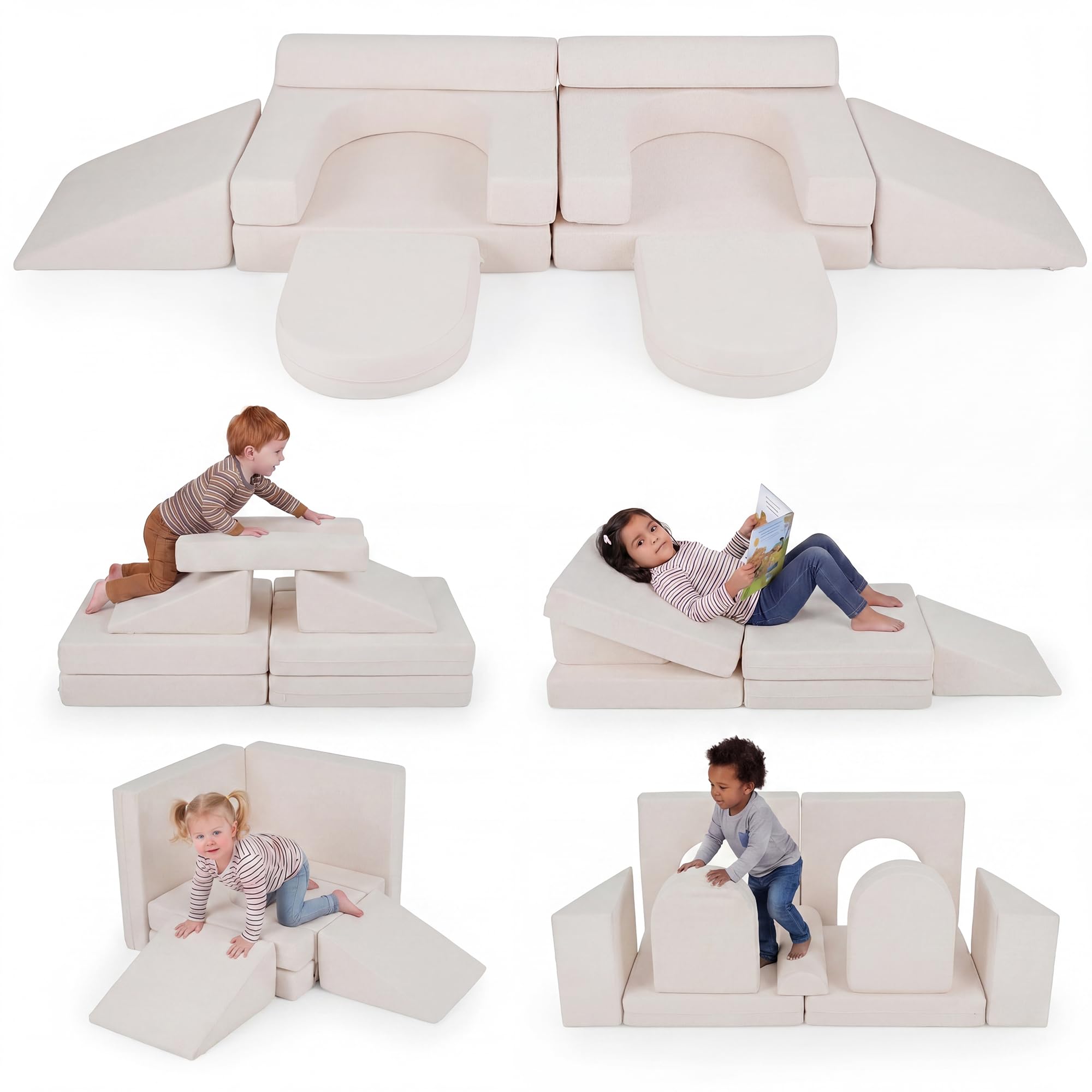 LIFEZEAL Divano Modulare per Bambini, Set di 10 Blocchi di Costruzione in Schiuma con Diverse Forme, Divano da Gioco Convertibile con Fodere Lavabili in Lavatrice per Bmabini 3+ Anni (Beige)