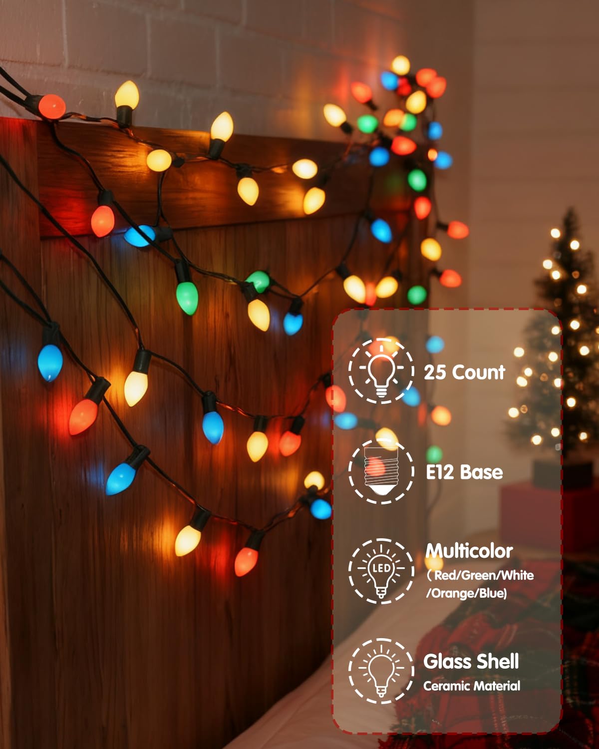 SUNSGNE Mehrfarbige Weihnachtslichterkette für den Außenbereich, C7 Vintage-Weihnachtslichterkette mit 27 mehrfarbigen Keramiklampen (2 Ersatz) für Feiertage, Weihnachten, Abschlussball, Party
