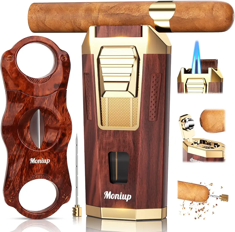 Isqueiro De Maçarico 4 Em 1, Com Conjunto De Cortador De Charuto Em V, Furador De Charuto Integrado, Suporte De Charuto E Intensificador De Tiragem, Acessórios Para Charutos, Presentes Para H