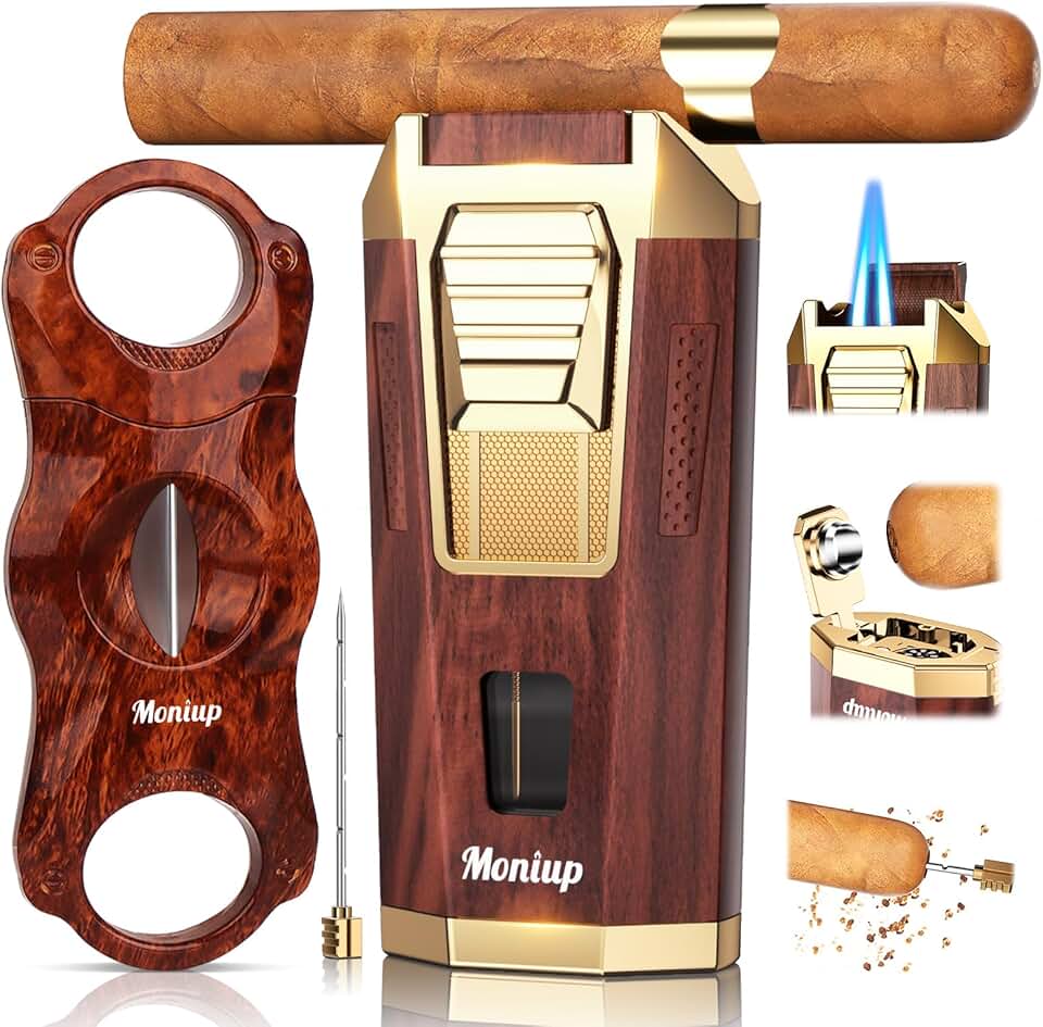 Isqueiro De Maçarico 4 Em 1, Com Conjunto De Cortador De Charuto Em V, Furador De Charuto Integrado, Suporte De Charuto E Intensificador De Tiragem, Acessórios Para Charutos, Presentes Para H