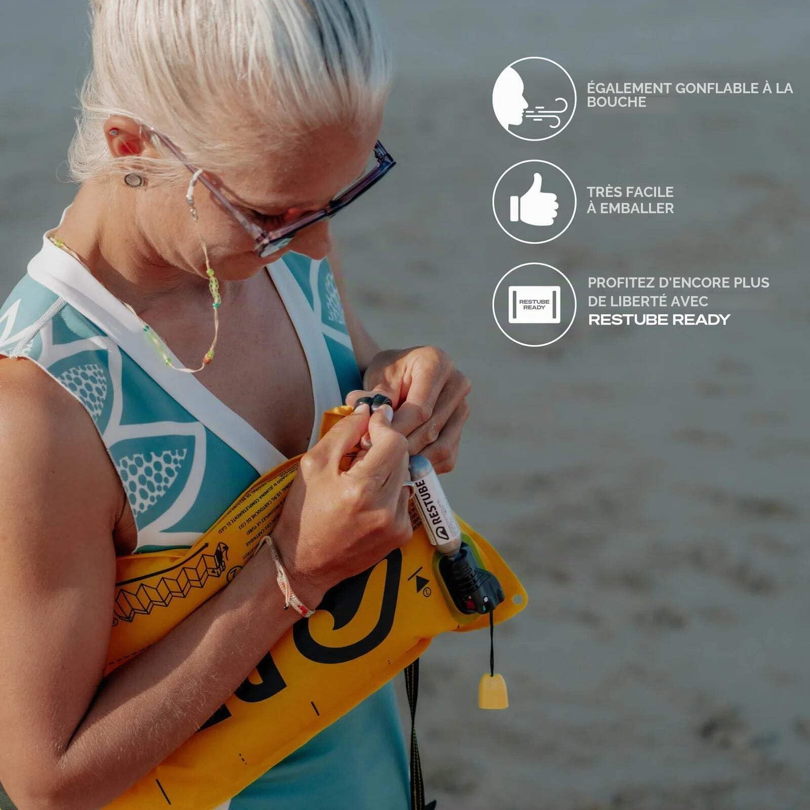 Restube Beach CO2 Bouée de natation - Pour un sentiment de sécurité dans l'eau - Bouée de sauvetage déclenchée par CO2 - Bouée de natation pour adultes et enfants à partir de 10 ans - Bouée pour SUP
