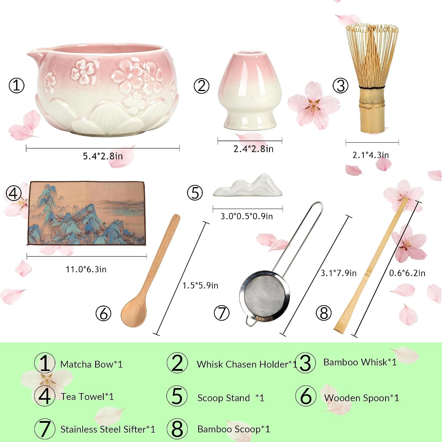 8-Piece Matcha Whisk Set Ceramic Matcha Making Kit Includes Bamboo Whisk, Wooden Spoon, Measuring Scoop, Sifter, Bowl, Whisk Holder, Spoon Rest & Tea Cloth–Traditional Matcha Set, Pink 01