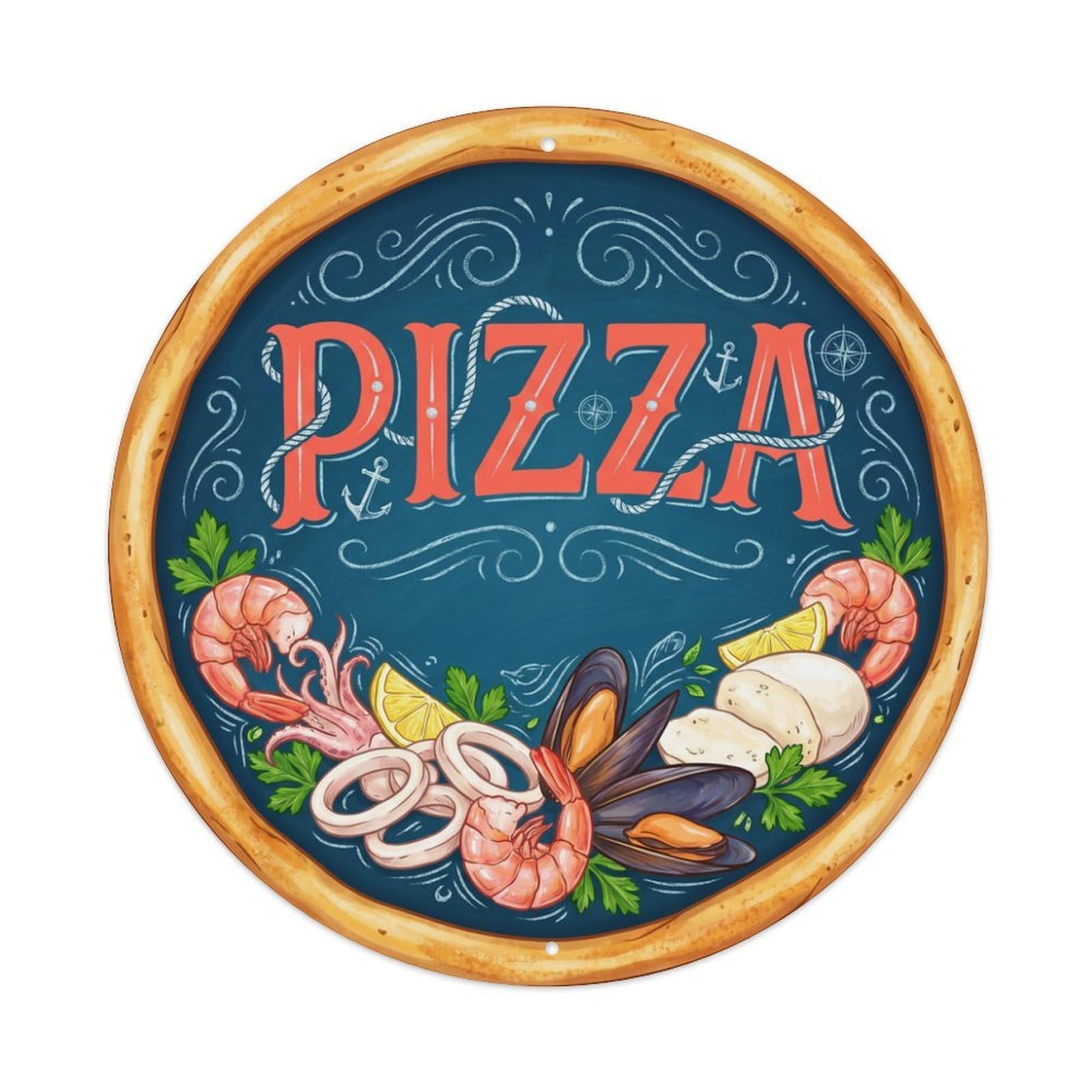Shrimp Squid Seafood Pizza Italian Cuisine Metal Tin Sign