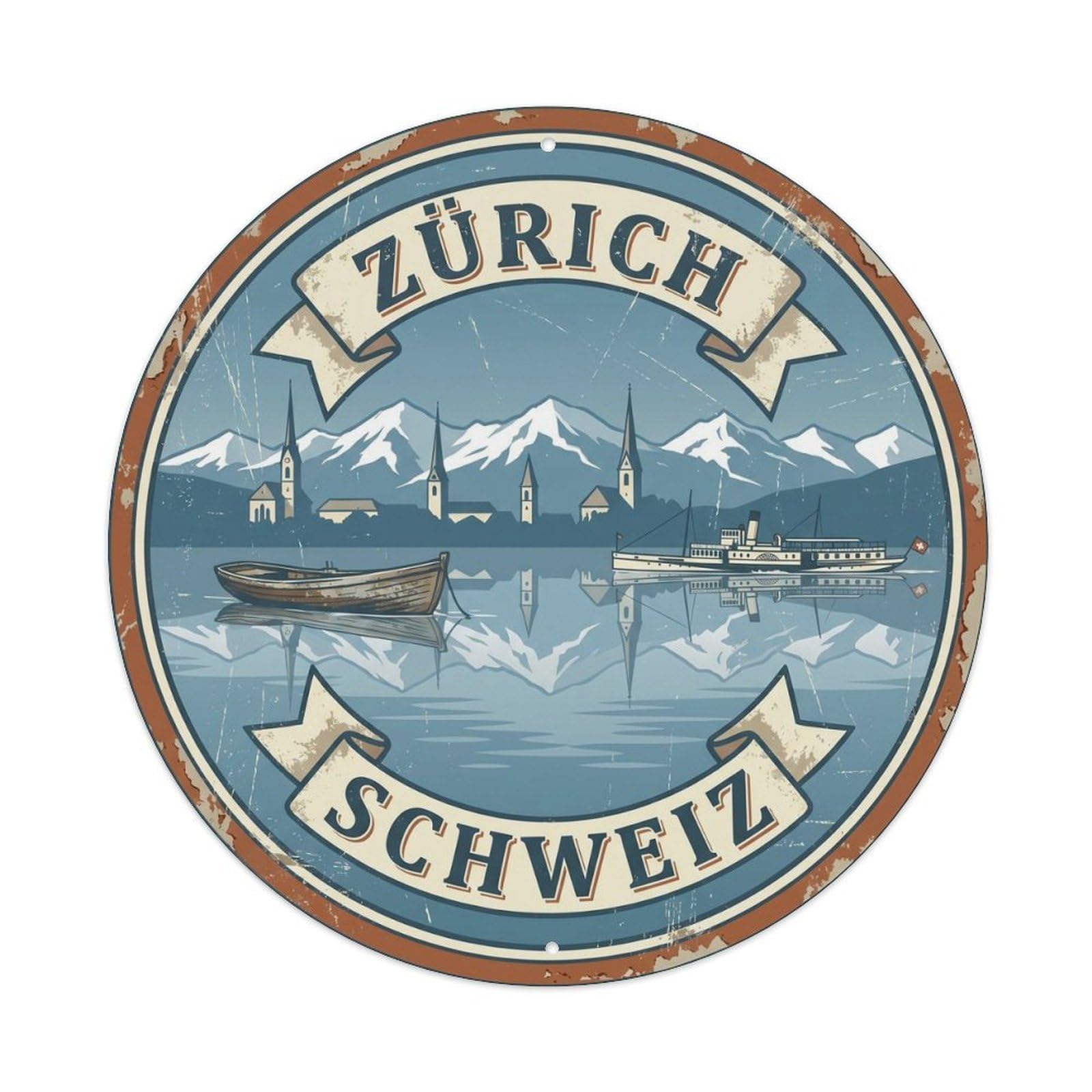 Vintage Travel Zurich Alpine Lake Metal Tin Sign Plaque Wall Decor for Cafe, Club Bar, Office, Home Garden Round Metal Poster 8x8Inch