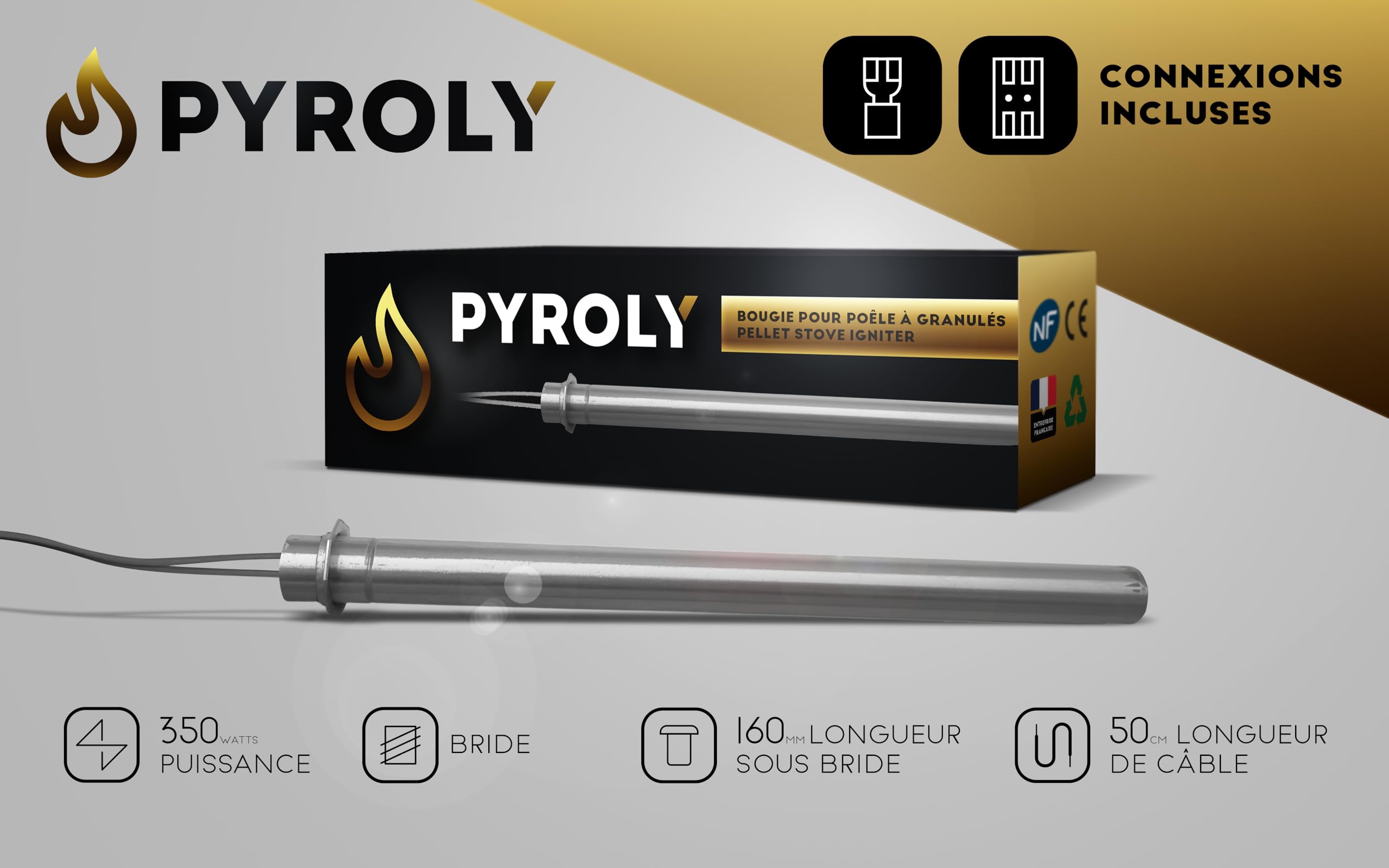 Bujía para estufa de pellets compatible PALAZZETTI/MCZ/SUPRA/JOTUL (170/160 mm, Ø12,5 mm, 350 W, brida) de alta calidad con conectores