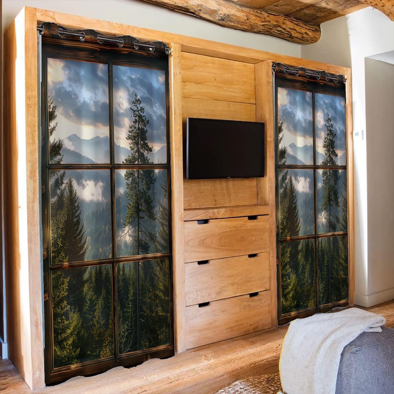 Misty Forest Door Curtain for Doorway Privacy, Mountain Rustic Brown Wooden Frame Closet Door Cover Curtain for Kids Boys Girls Teens Room Decor 1 Panel 34" W X 80" L
