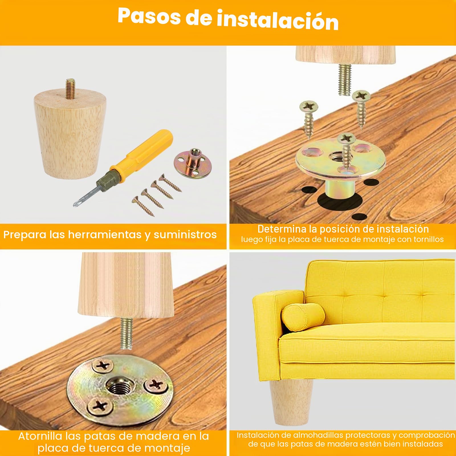 4 Piezas Patas para Muebles de Madera Patas de Madera para Muebles con Placas de Montaje Tornillos Patas para Sofá, Banco, Mesa de Té, Silla, Escritorio, Armario, Otomana (25cm)