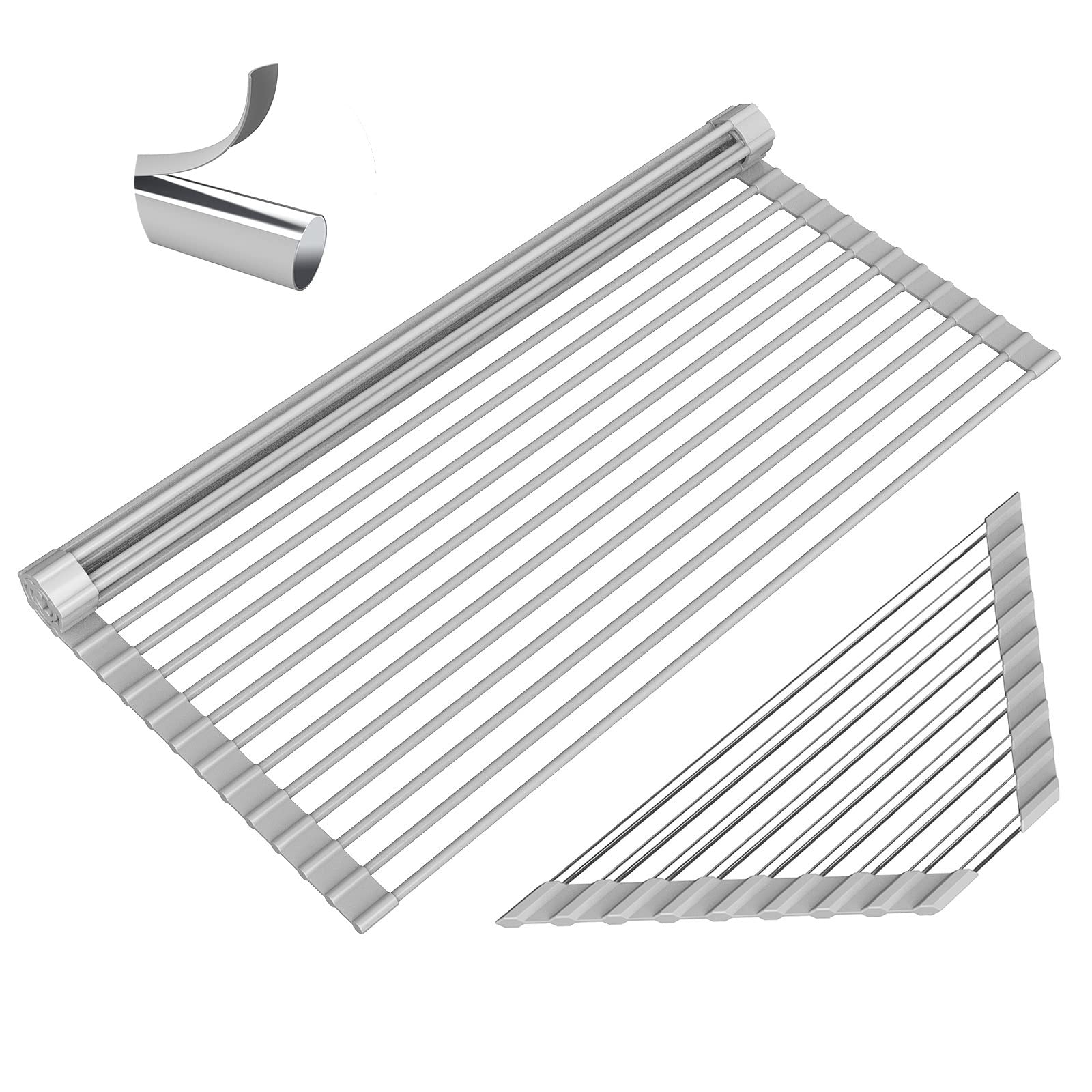 TPMXEMR Roll Up Dish Drying Rack, Over The Sink Dish Drying Rack Heat-Resistant Anti-Slip, 20.5" L x 13.1" W Heavy Duty Silicone Wrapped Steel Rods Dish Drying Rack for Kitchen Counter