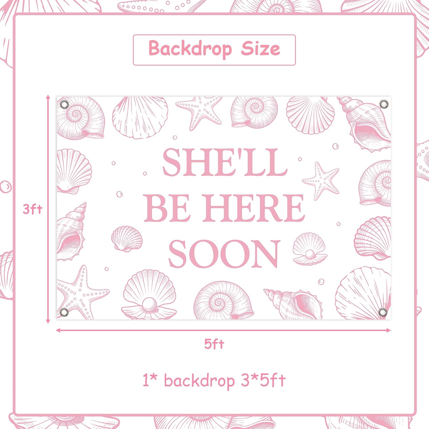 5x3ft Pink She'll Be Here Soon Backdrop - Seashell Baby Shower Party Decorations, Under The Sea Ocean Themed Photography Background for Pregnancy Celebration Newborn Party