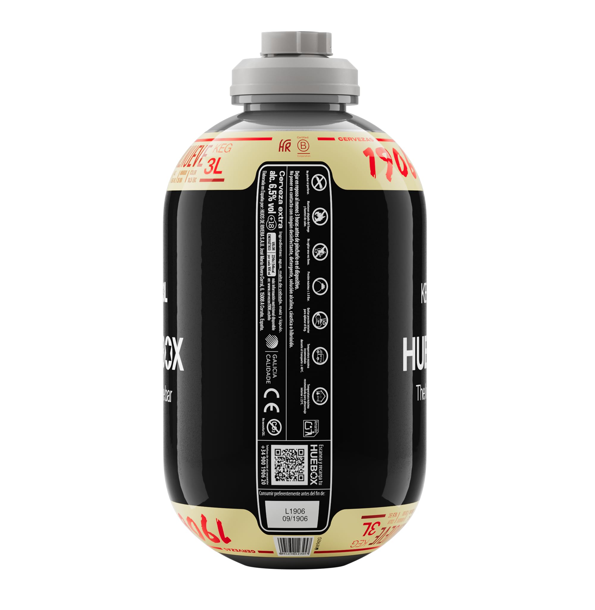 1906 Reserva Especial – Pack 2 Barriles de 3L para Tirador HUEBOX, Cerveza Extra La Milnueve 6,5% Vol, Compatibles Solo con HUEBOX, Incluye 1 Cánula Desechable – 6 L
