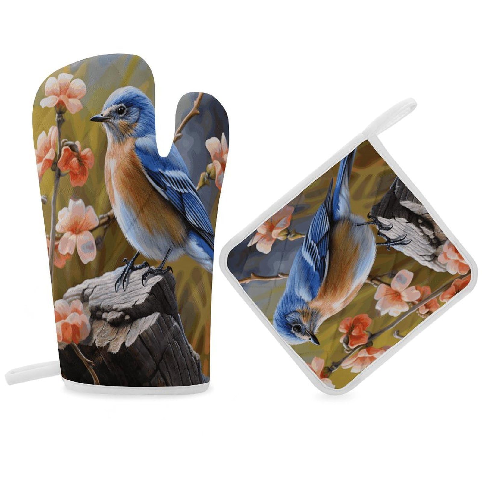Fodpand Women's Style Eastern Bluebird Oven Mitts And Pot Holders Sets,Oven Gloves For Kitchen Oven Mitts And Potholders For Baking Cooking Grilling Apartment Essentials