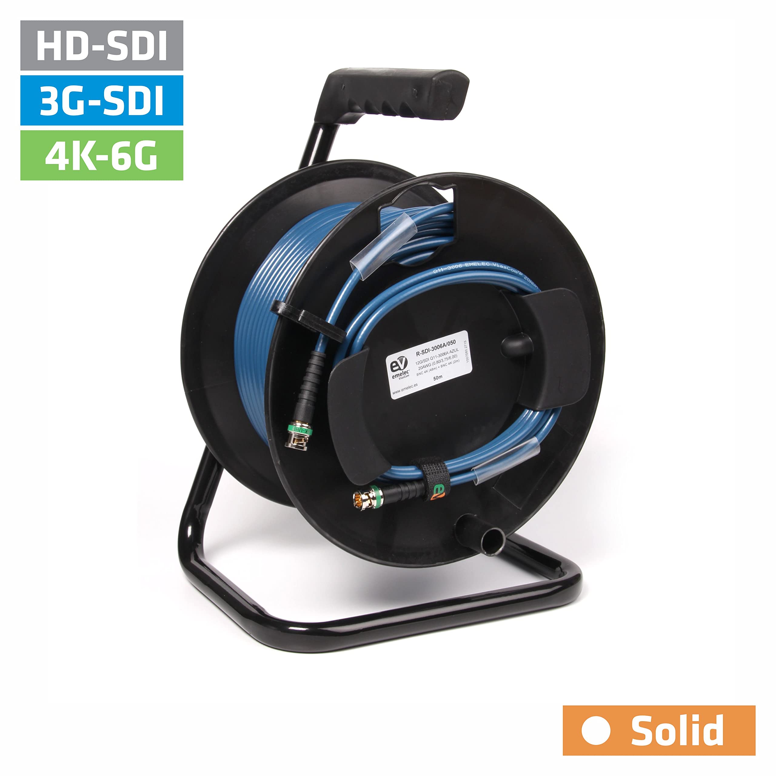 Emelec VíasCom R-SDI-3006A/070 – 70m Cable Video 4K-UHD 6G-SDI (0.8/3.75/6.0) montado en Portacables con BNC 4K-UHD – Conductor Unifilar – Color Azul – PVC Flexible