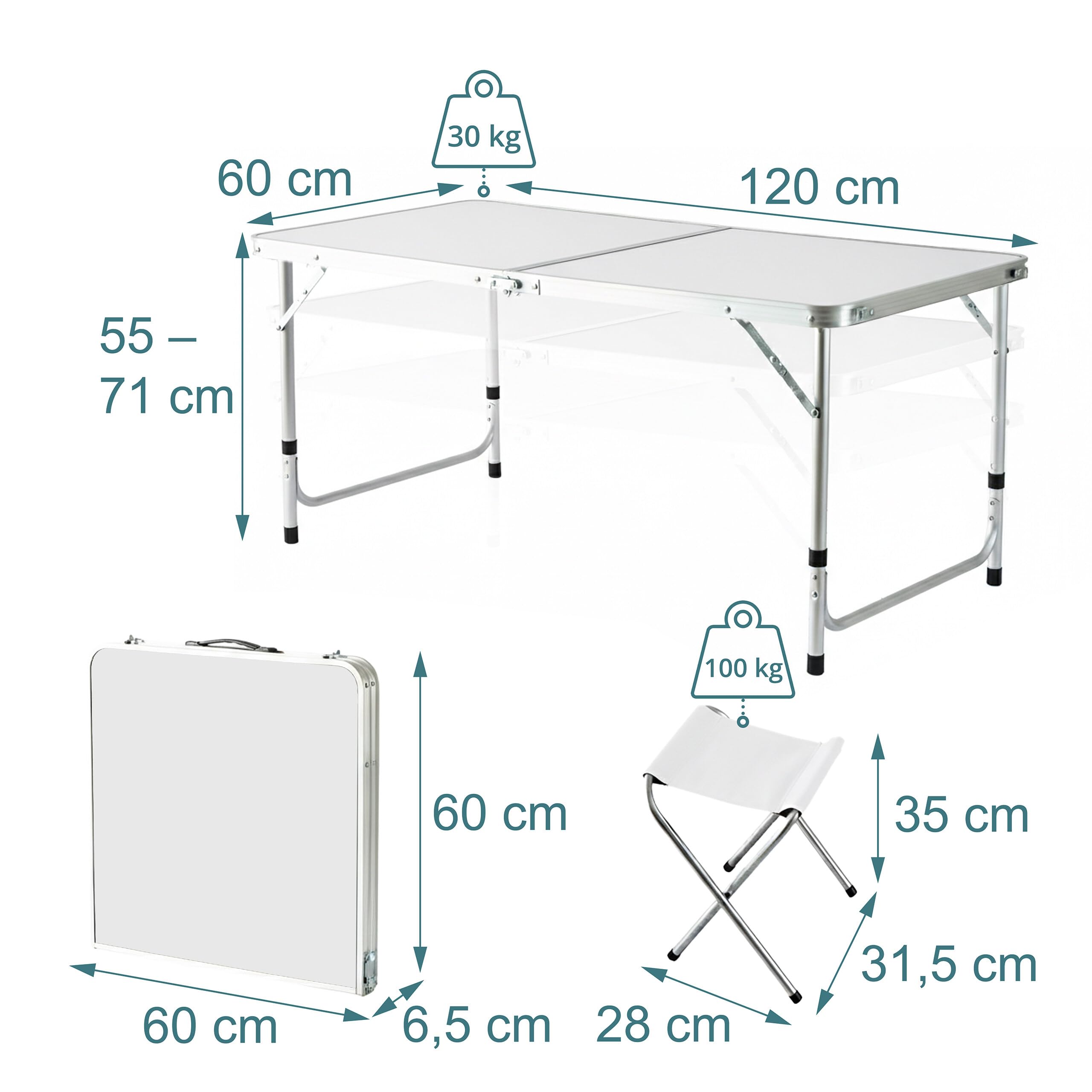 Relaxdays Table de Camping Pliable en Aluminium avec 4 tabourets, réglable, poignée, MDF Blanc 71x120x60 cm