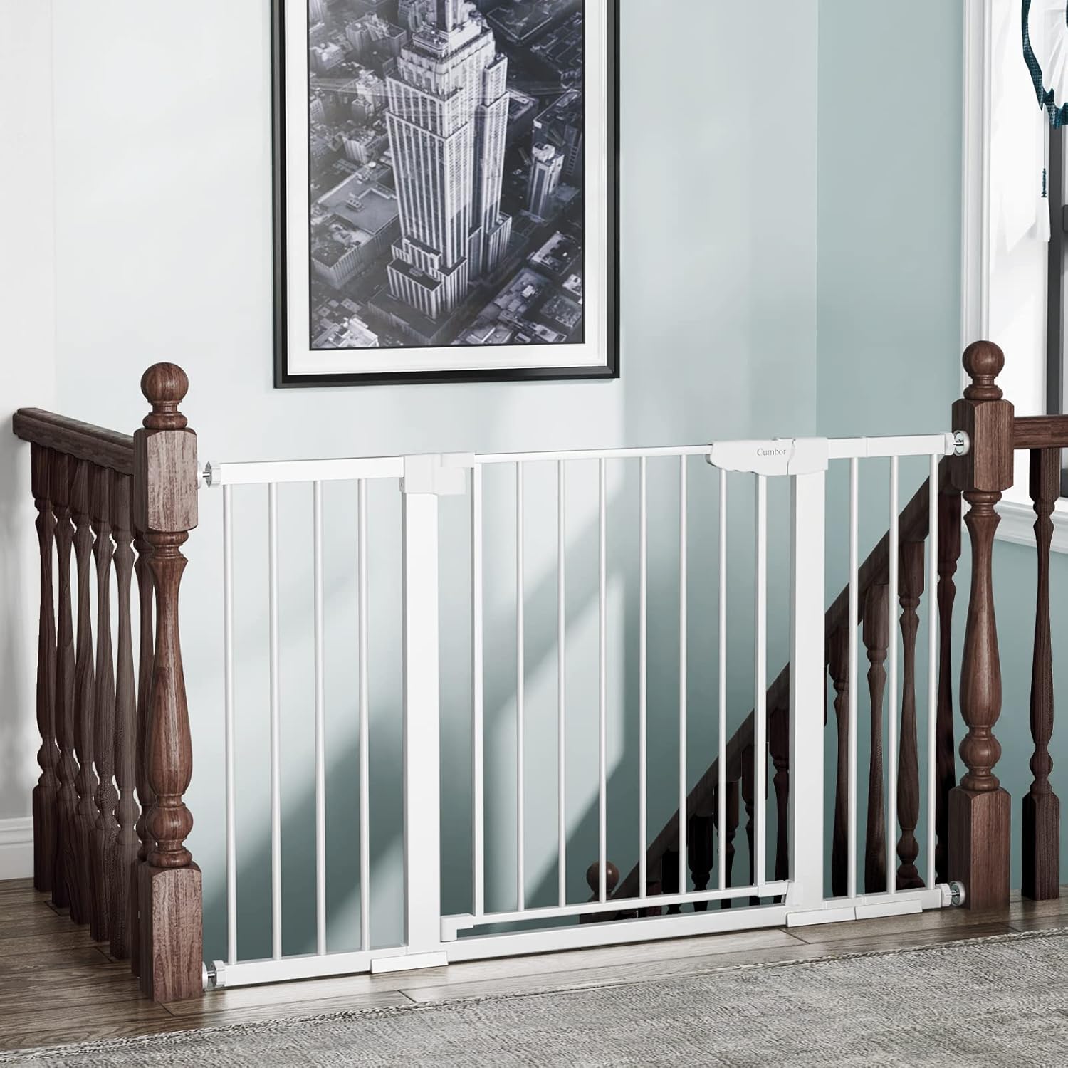Mom's Choice Awards Winner-Cumbor 29.5"-51.6" Baby Gate Extra Wide, Easy Walk Thru Dog Gate for The House, Auto Close Safety Pet Gates for Stairs, Doorways, Child Gate Includes 4 Wall Cups,White : Baby