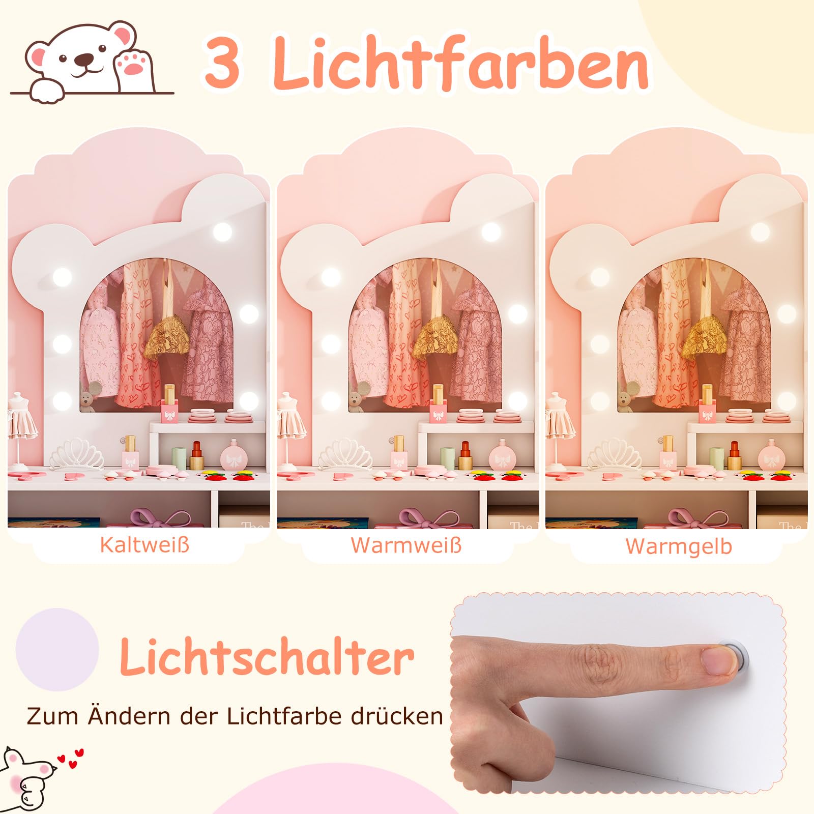 COSTWAY Schminktisch Kinder in Bärform, Kinderschminktisch mit Beleuchtung, Spiegel, Schrank, 5 Schubladen & Fächern, Frisiertisch Prinzessin aus Holz, Kosmetiktisch Set für Mädchen ab 3 Jahren (Weiß)