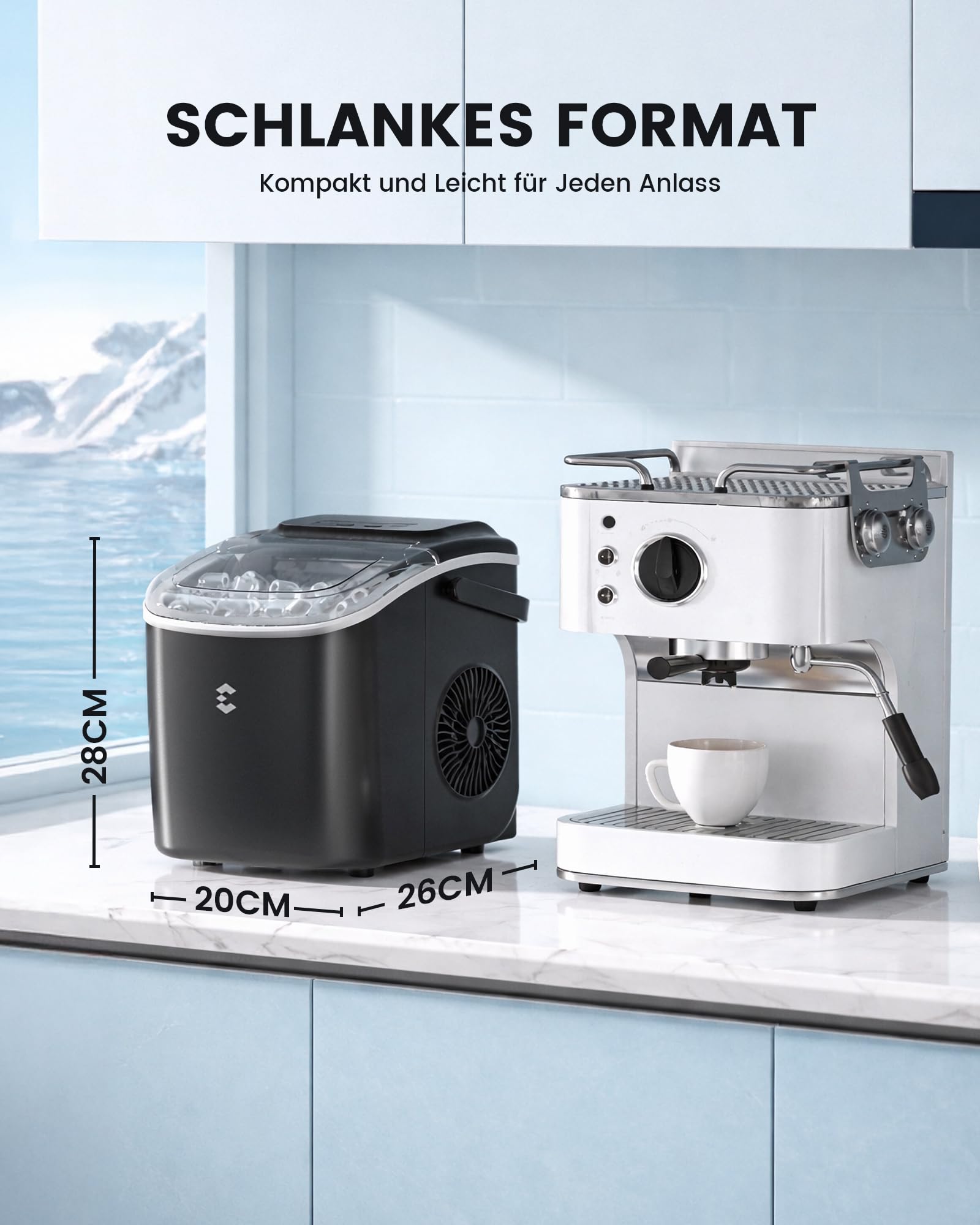 EASYERA Eiswürfelmaschine Klein, Tragbar und Kompakt, 12 KG/24H, Eiswürfel in 6 Minuten, 2 Eiswürfelgrößen, Selbstreinigende Ice Maker, Ideal für Küche, Büro, Bar, Partys – Schwarz