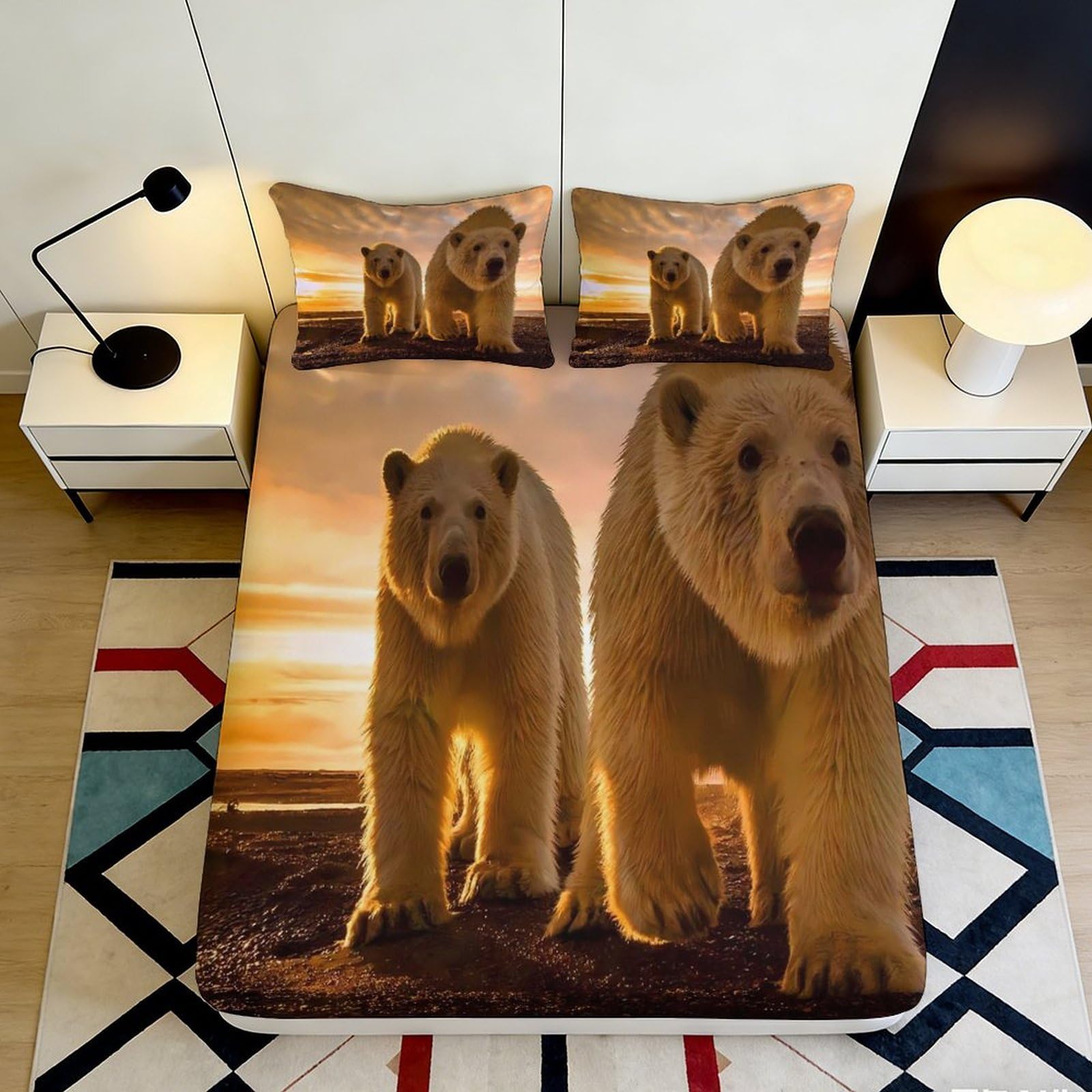 3D Printed Polar Bear Fitted Sheet Microfiber Soft Breathable Sunset Bear Mattress Cover for Bedroom Dormitory Guest Room Mattress Protection Decor 160x200x25cm