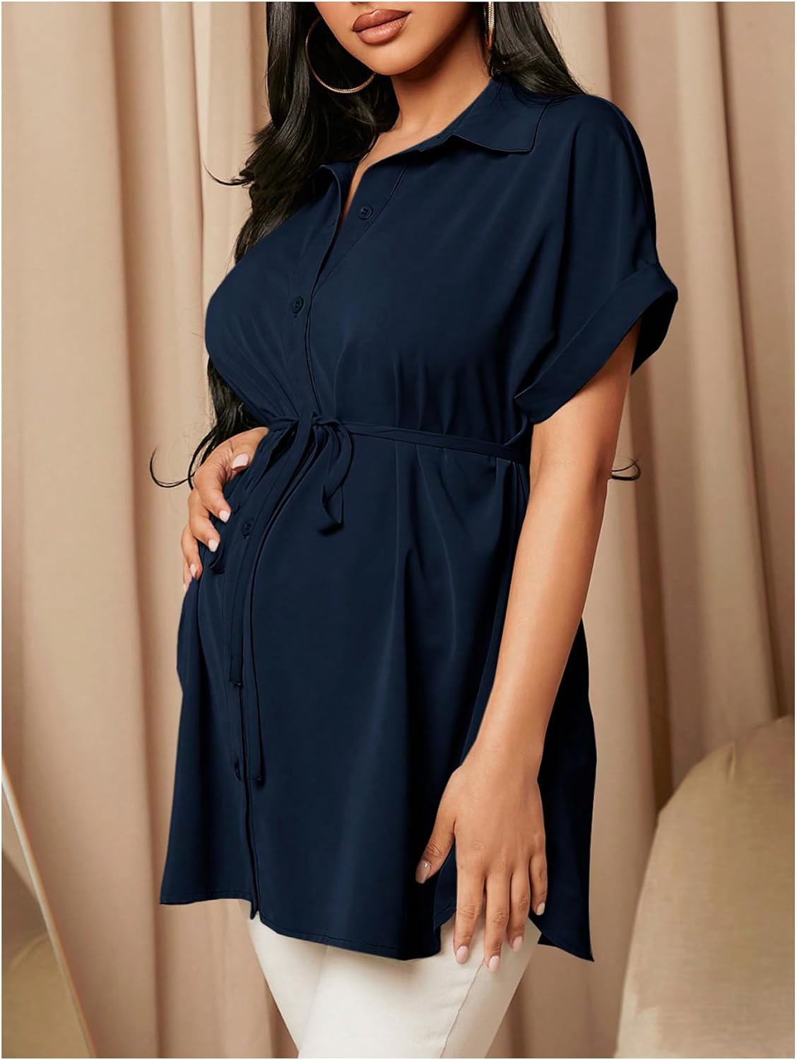 MakeMeChic Women's Maternity Nursing Blouse Ruffle Wrap Work Shirt Pregnancy Button Down Belted Tops