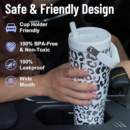 Miniatura 4 de Zukro Vaso de 50 onzas con asa superior, botella de agua de acero inoxidable aislada a prueba de fugas con popote abatible para viajes, al aire