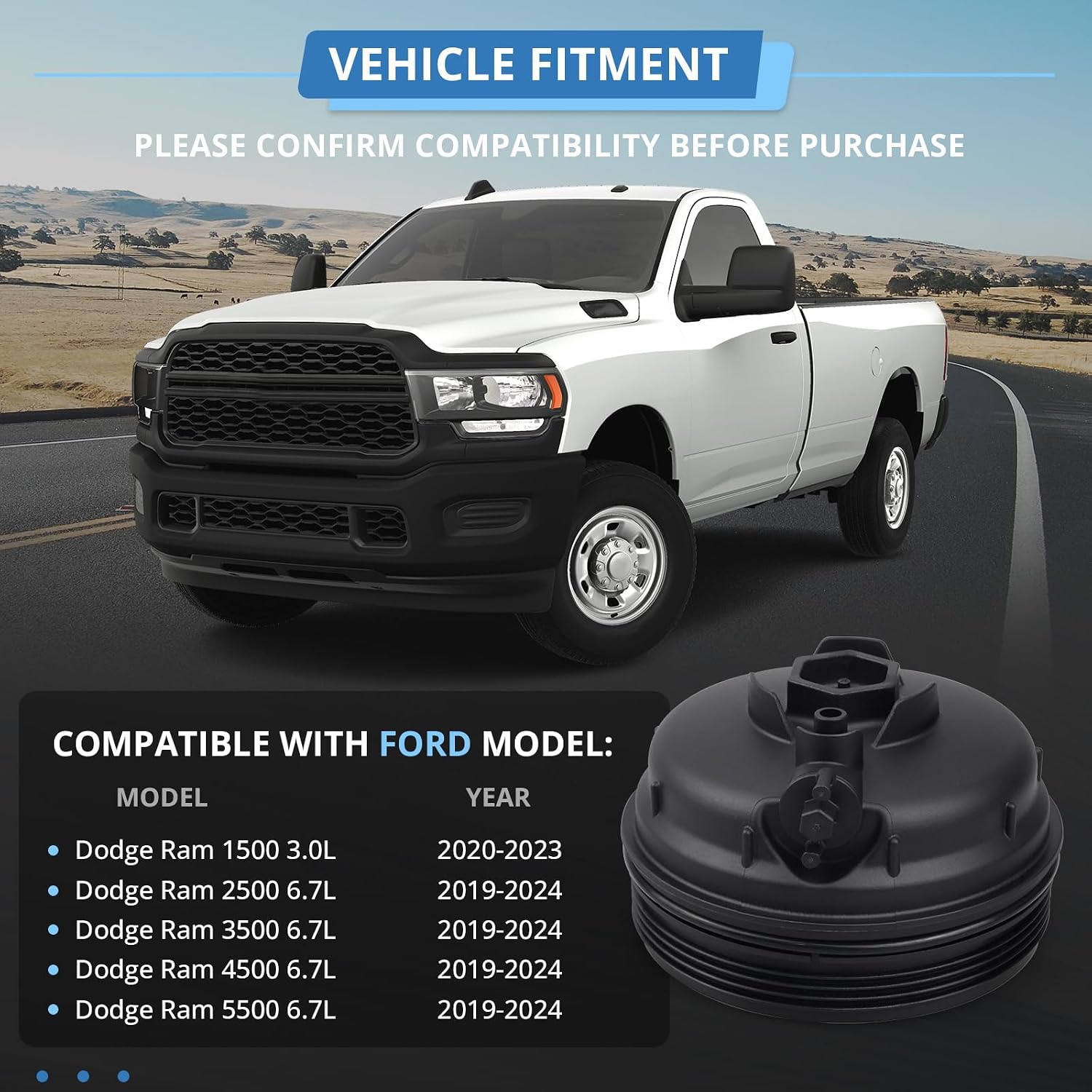 Fuel Filter Housing Cover Cap Compatible with 2020-2023 Dodge Ram 1500 3.0L, 2019-2024 Ram 2500 3500 4500 5500 6.7L Replaces 68436815AA 68436815AB, Water Separator Cap